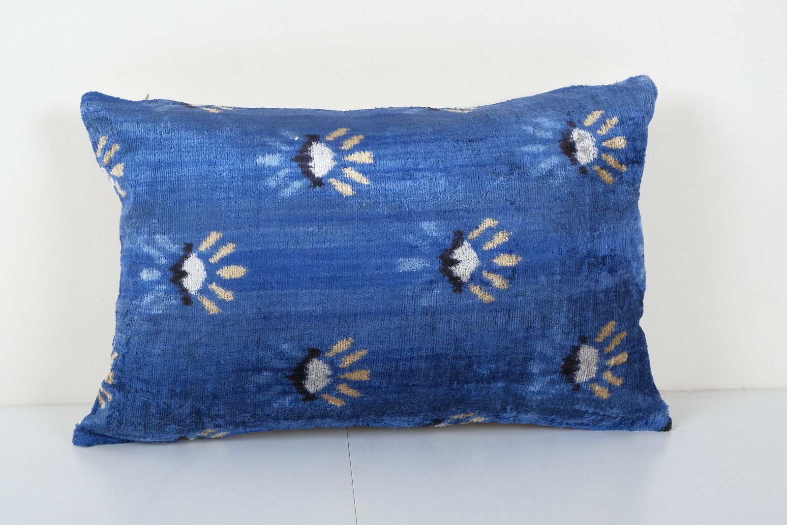 Christmas Gift Pillow, Blue Design Silk Ikat Velvet Pillowcase, Bohemian Cushion Cover 16'' X 24''