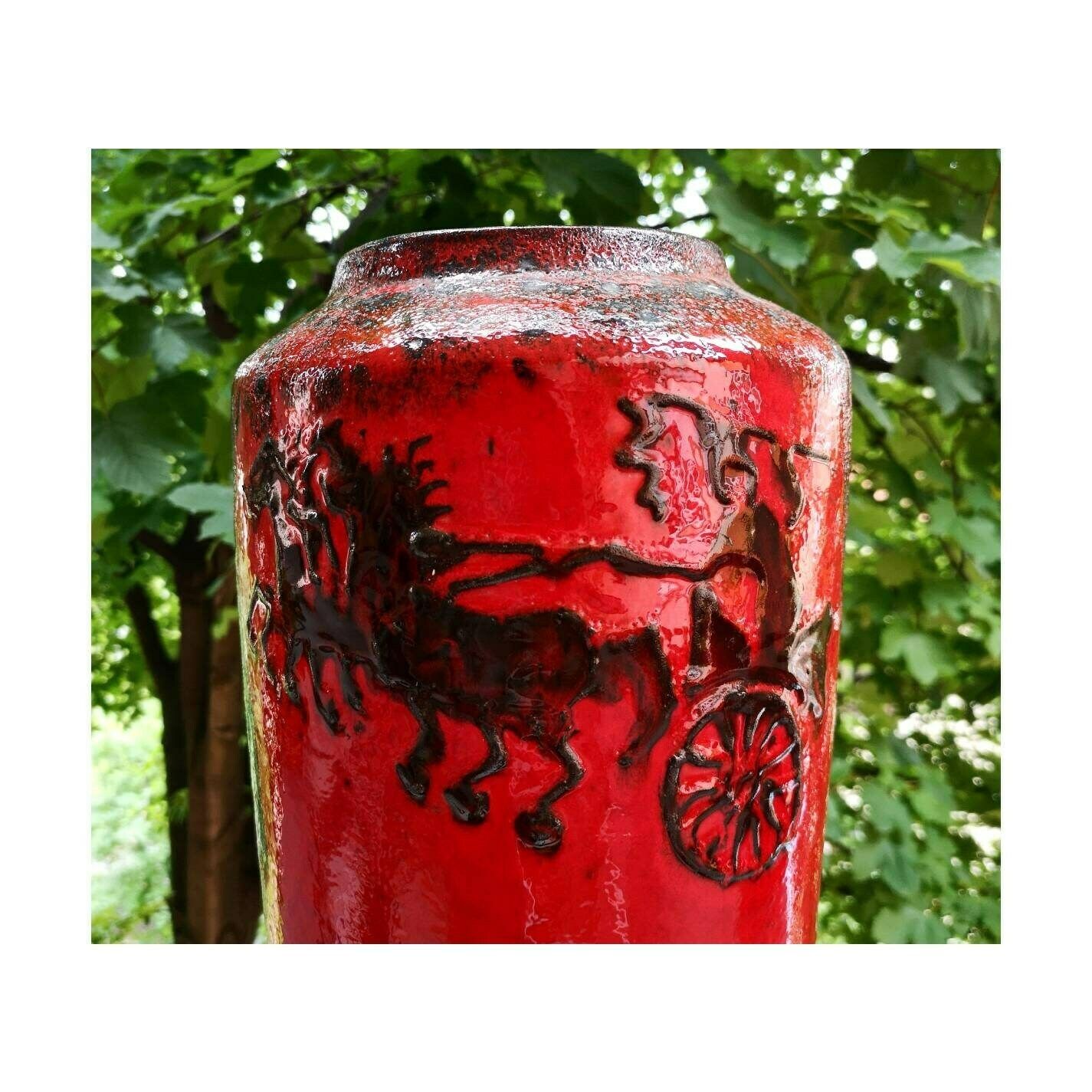 Xxl Mid Century Modern Wedt German Pottery / Scheurich Vase / Fat Lava Ceramic Vase With Motives Of The Chariot Rider / Made In West Germany photo furniture