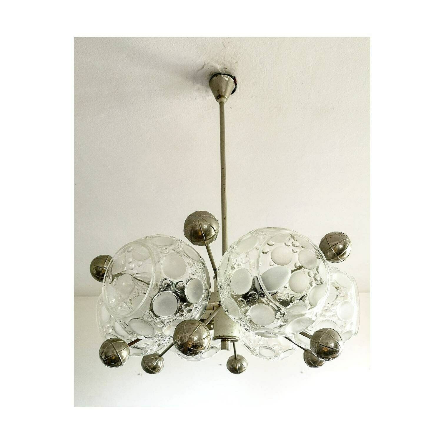 Sputnik Chandelier With 6 Lights In Thick Relief Glass / Space Age Chandelier In Chrome And Glass / Atomic Age Chandelier / Made In Germany photo vintage