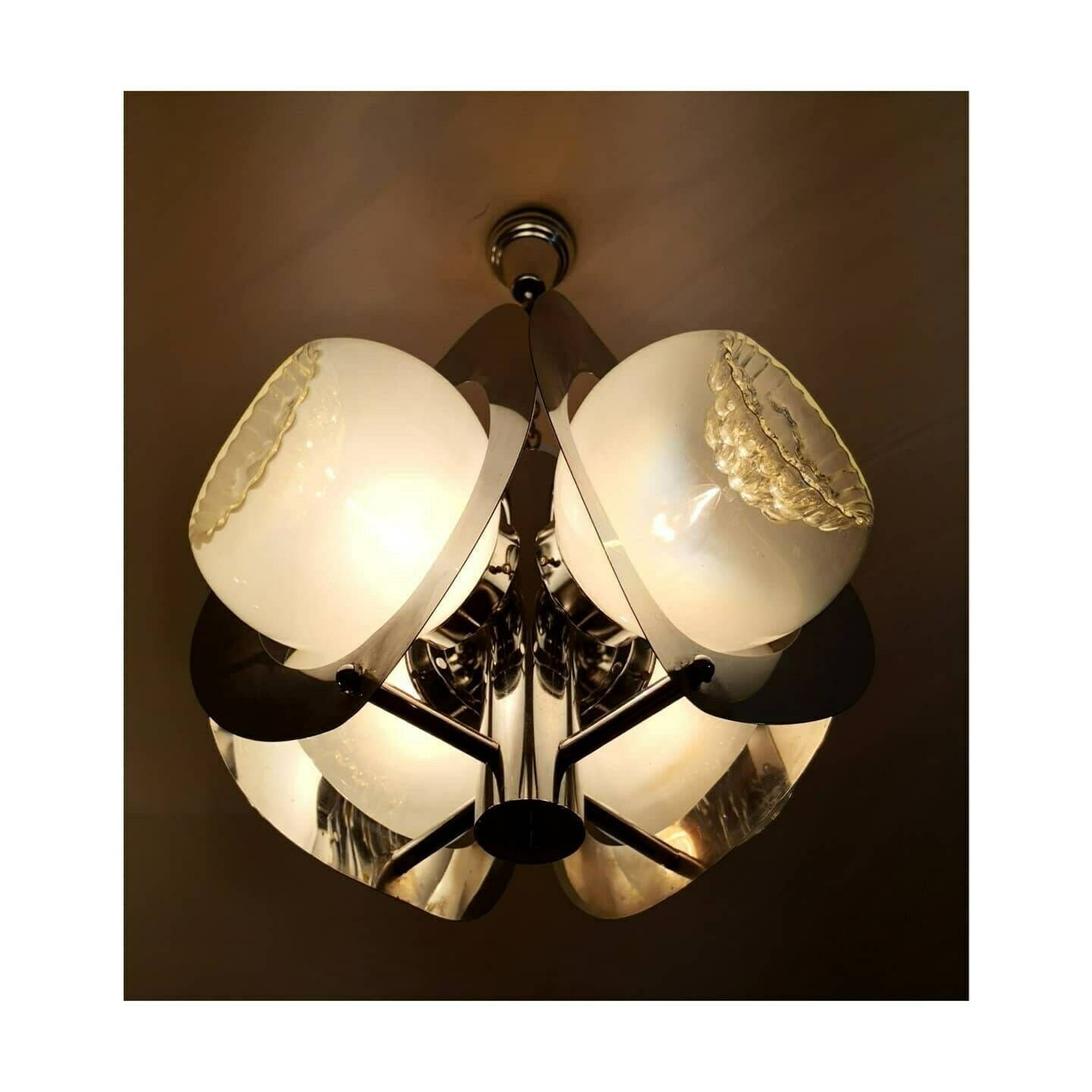 1970s Space Age Mazzega Chandelier With 4 Murano Textured Glass Shades // Space Age Chandelier With Chrome Fixture // Made In Italy