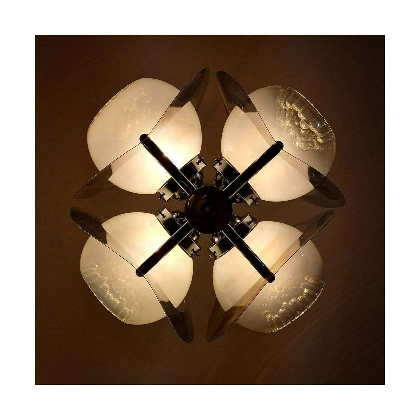 1970s Space Age Mazzega Chandelier With 4 Murano Textured Glass Shades // Space Age Chandelier With Chrome Fixture // Made In Italy photo for sale