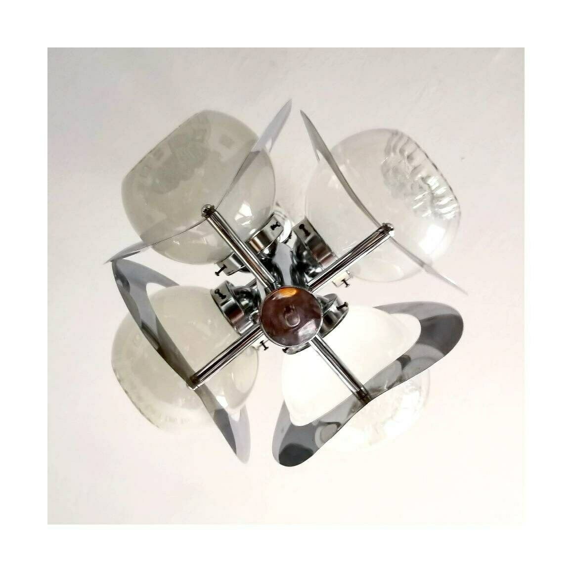1970s Space Age Mazzega Chandelier With 4 Murano Textured Glass Shades // Space Age Chandelier With Chrome Fixture // Made In Italy photo Lighting