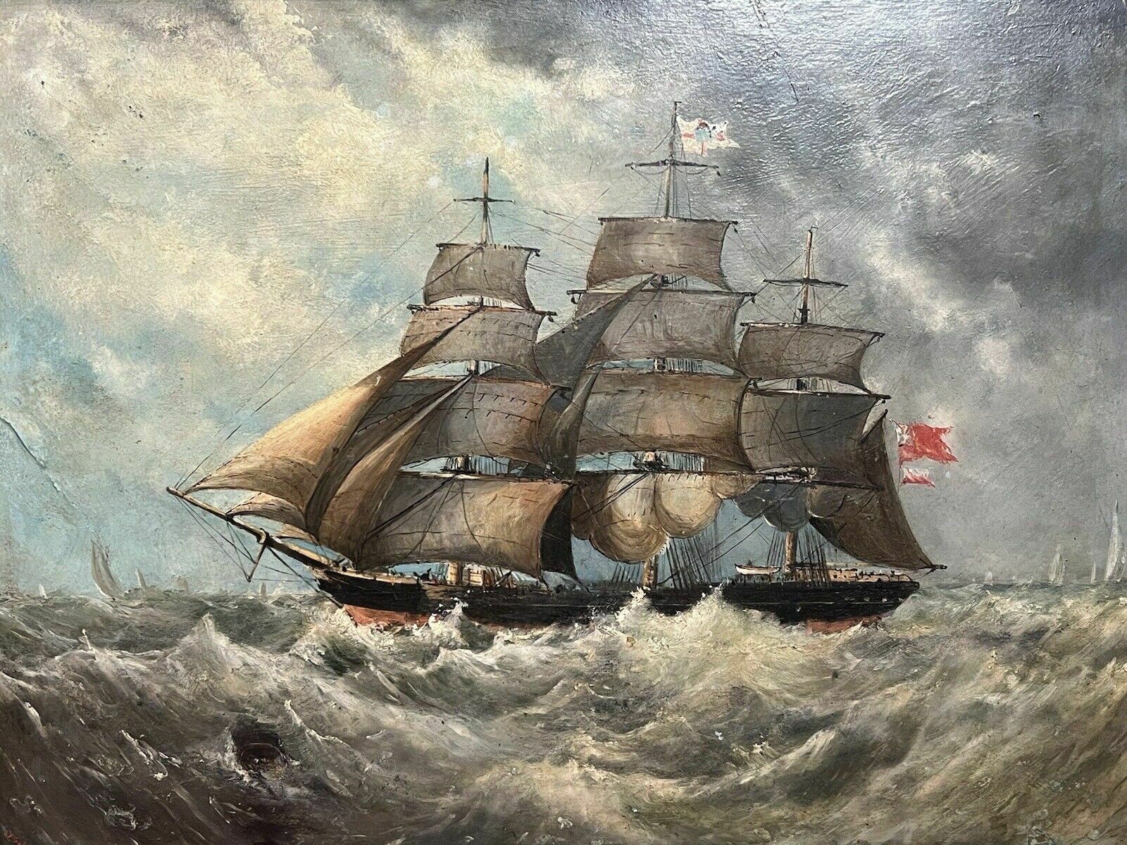 19th Century Maritime Painting Of British Full Rigged Sailing Ship On Rough Seas photo 695.0