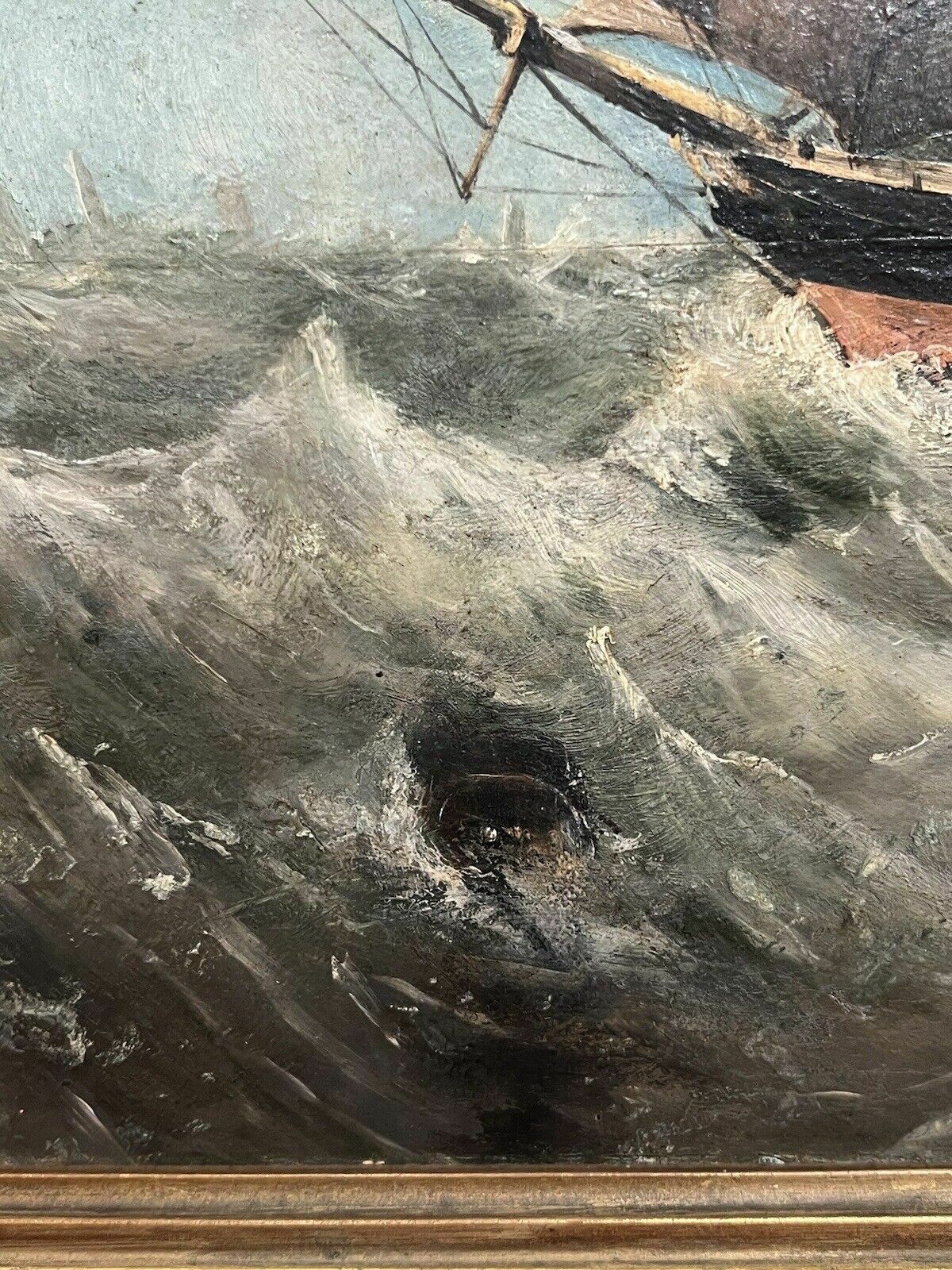 19th Century Maritime Painting Of British Full Rigged Sailing Ship On Rough Seas photo vinterior