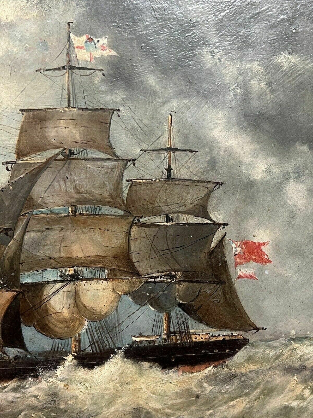 Art 19th Century Maritime Painting Of British Full Rigged Sailing Ship On Rough Seas photo