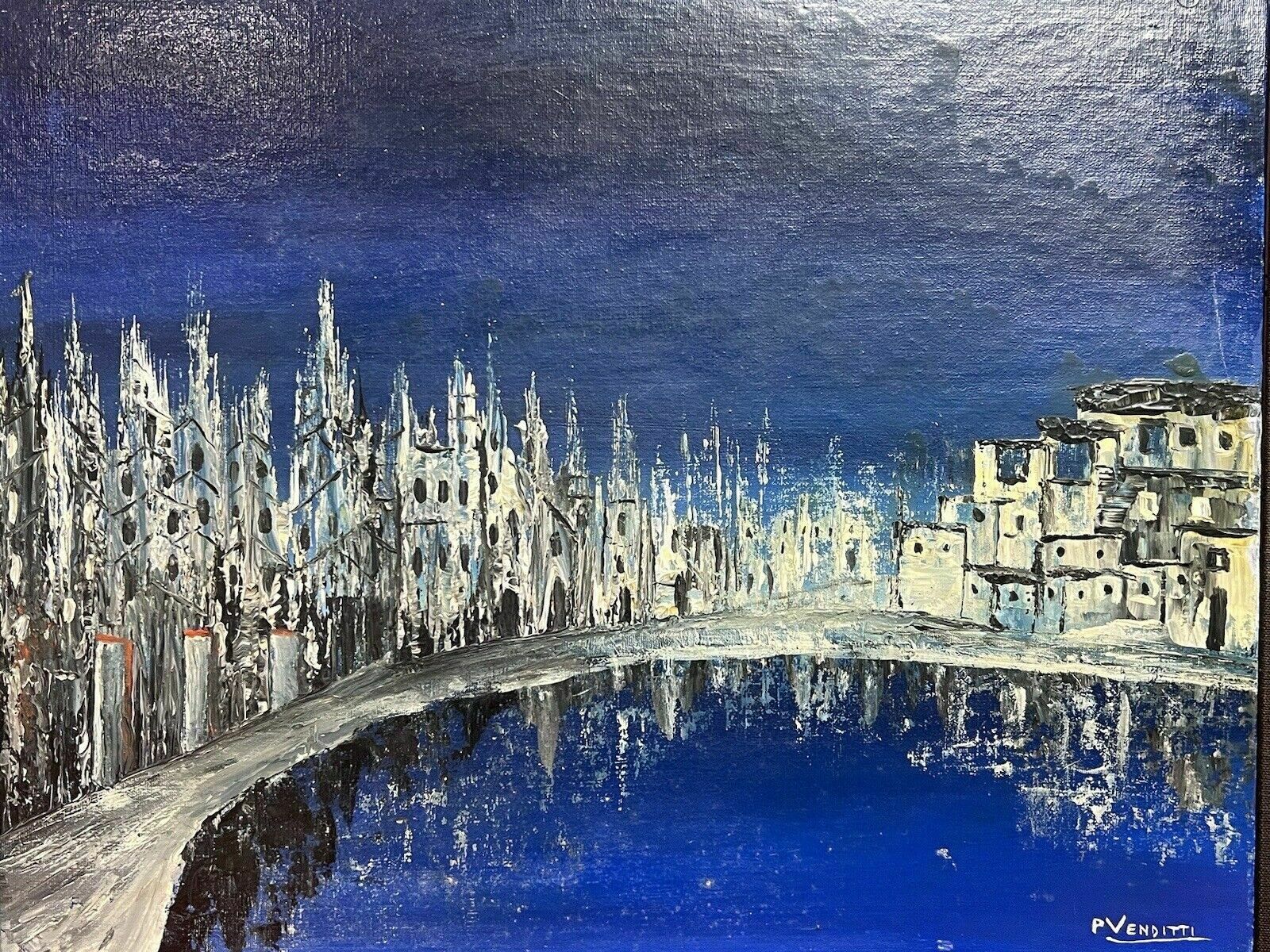 Italian Abstract Impressionist Architectural Night Lit View By P Venditti photo 350.0