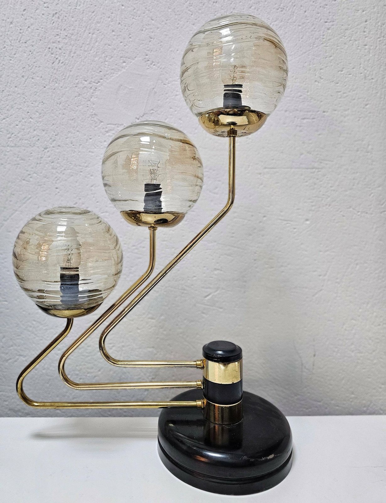 Mid Century Modern 3 Arm Table Lamp In Black And Gold With Texture Glass Ball Shades Made In Yugoslavia In 1960s photo furniture