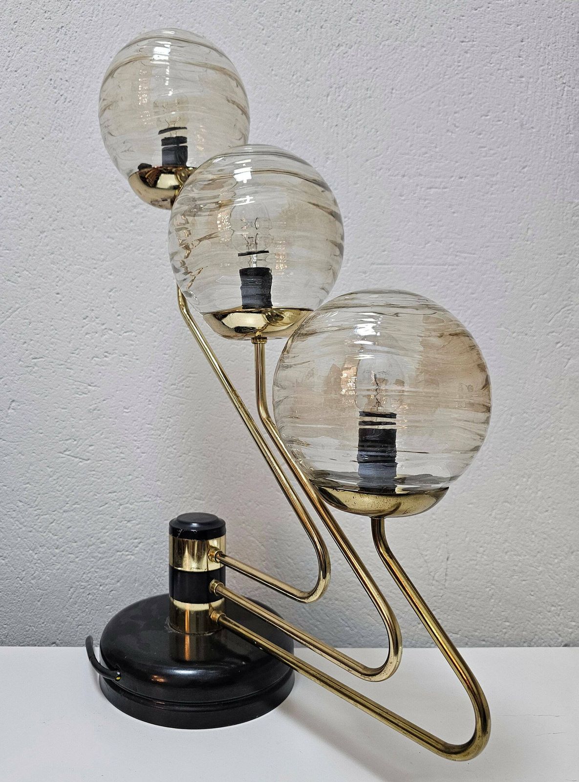 Mid Century Modern 3 Arm Table Lamp In Black And Gold With Texture Glass Ball Shades Made In Yugoslavia In 1960s photo 400.0