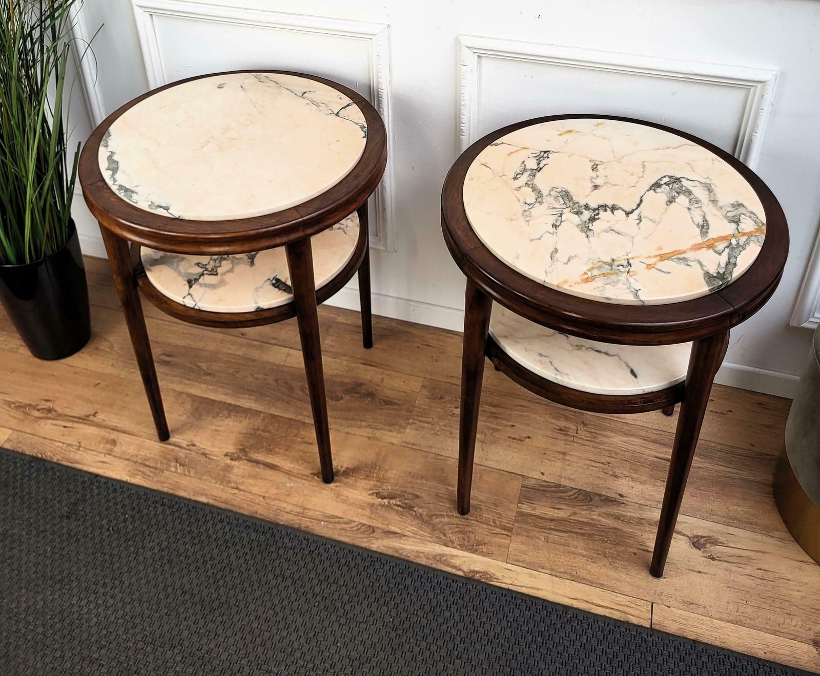 Pair Of Italian Art Deco Sofa Side End Tables In Walnut Woold And Marble Us$2,723.29per Set photo 2199.0