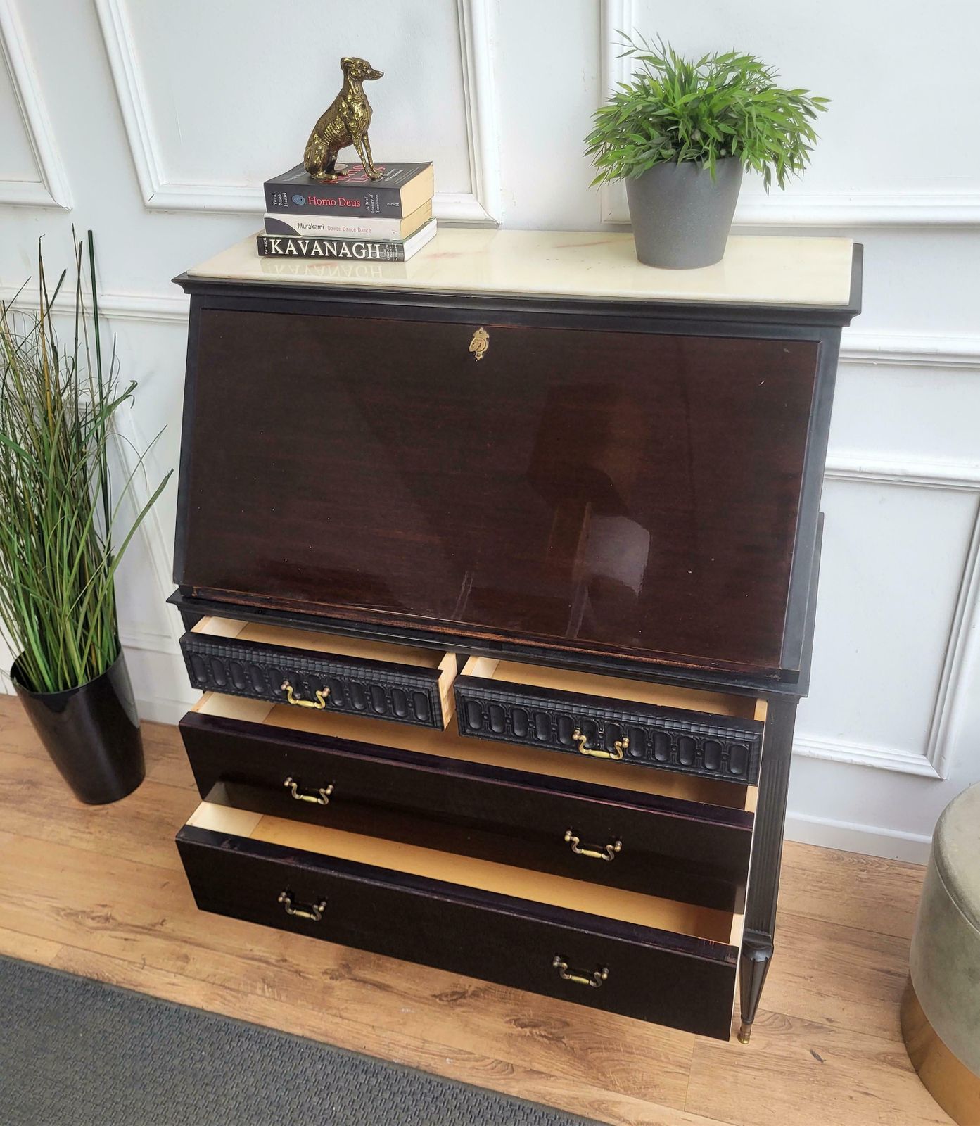 1960s Italian Art Deco Midcentury Walnut Marble Slant Front Desk Table Secretary photo Furniture