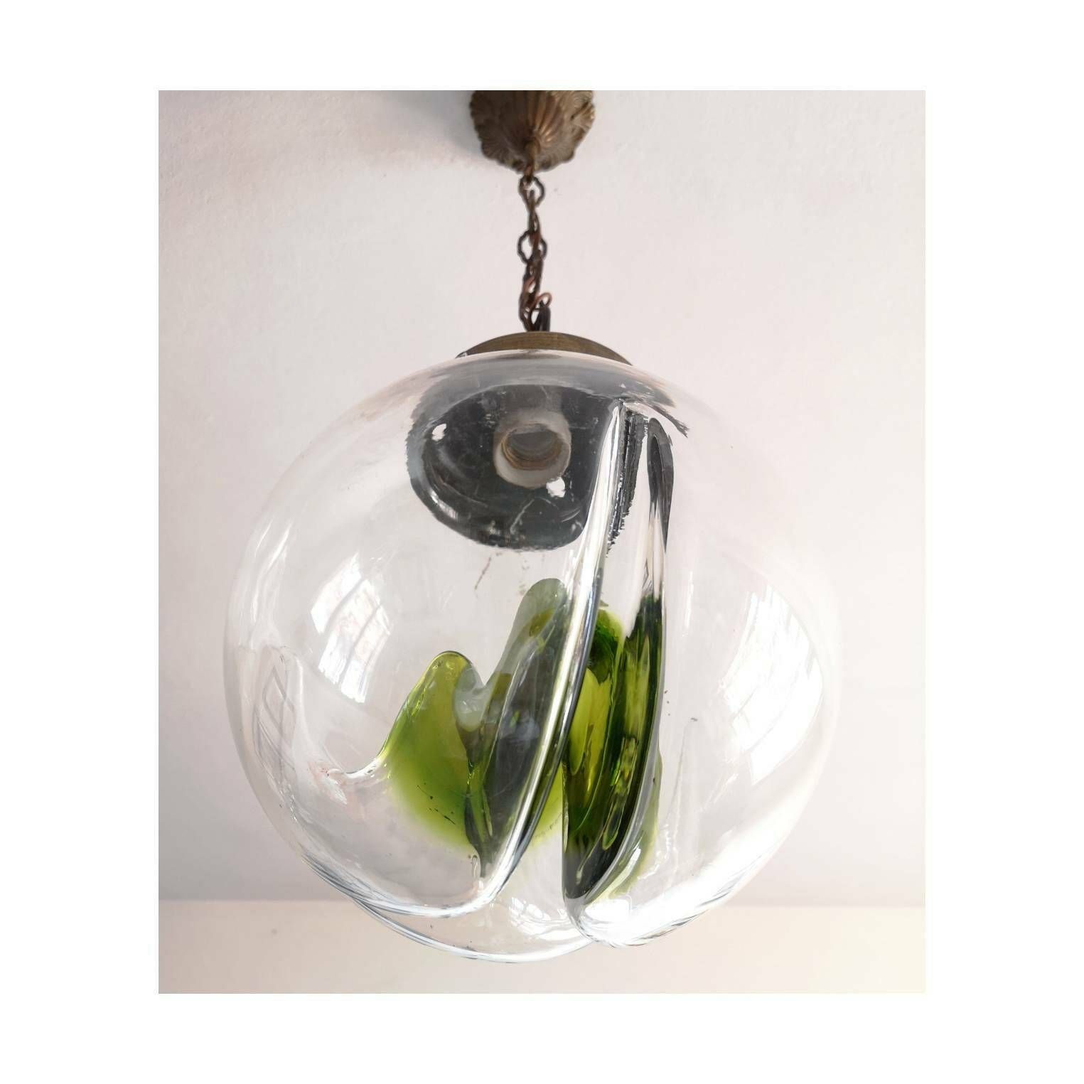 1960s Mazzega Pendant // Mazzega Pendant With Murano Glass // Mid Century Modern Green Mazzega Chandelier // Made In Italy photo Lighting