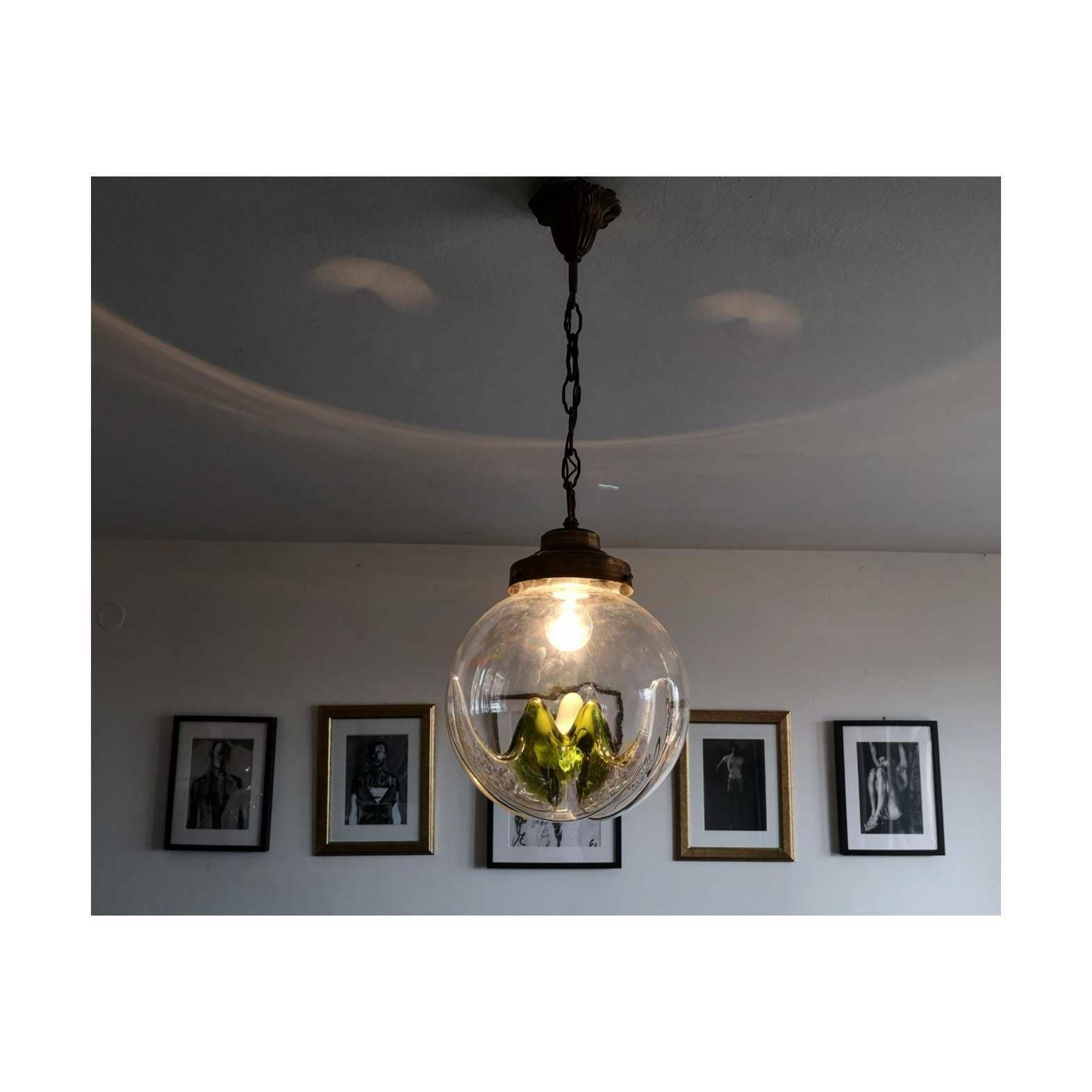 1960s Mazzega Pendant // Mazzega Pendant With Murano Glass // Mid Century Modern Green Mazzega Chandelier // Made In Italy photo vinterior