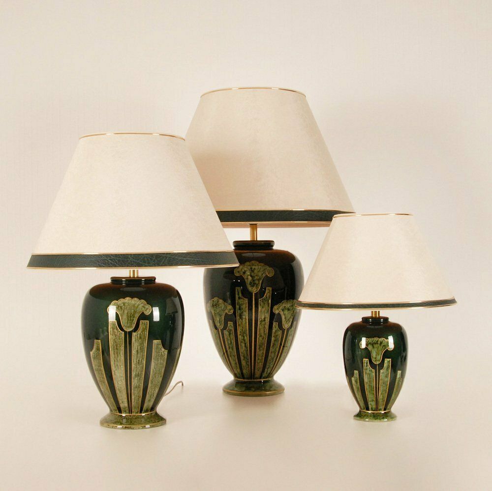 Vintage French Gold & Green Ceramic Marble Vase Lamp In Porcelain, 1970s, Set Of 3