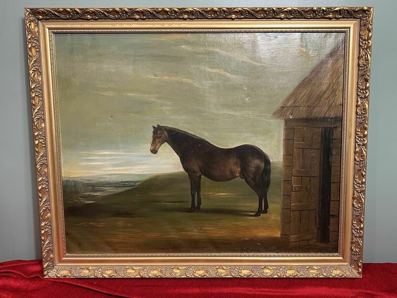 19th Century Oil Painting Of Chestnut Horse By Stable Signed J Carr Pinnit photo furniture