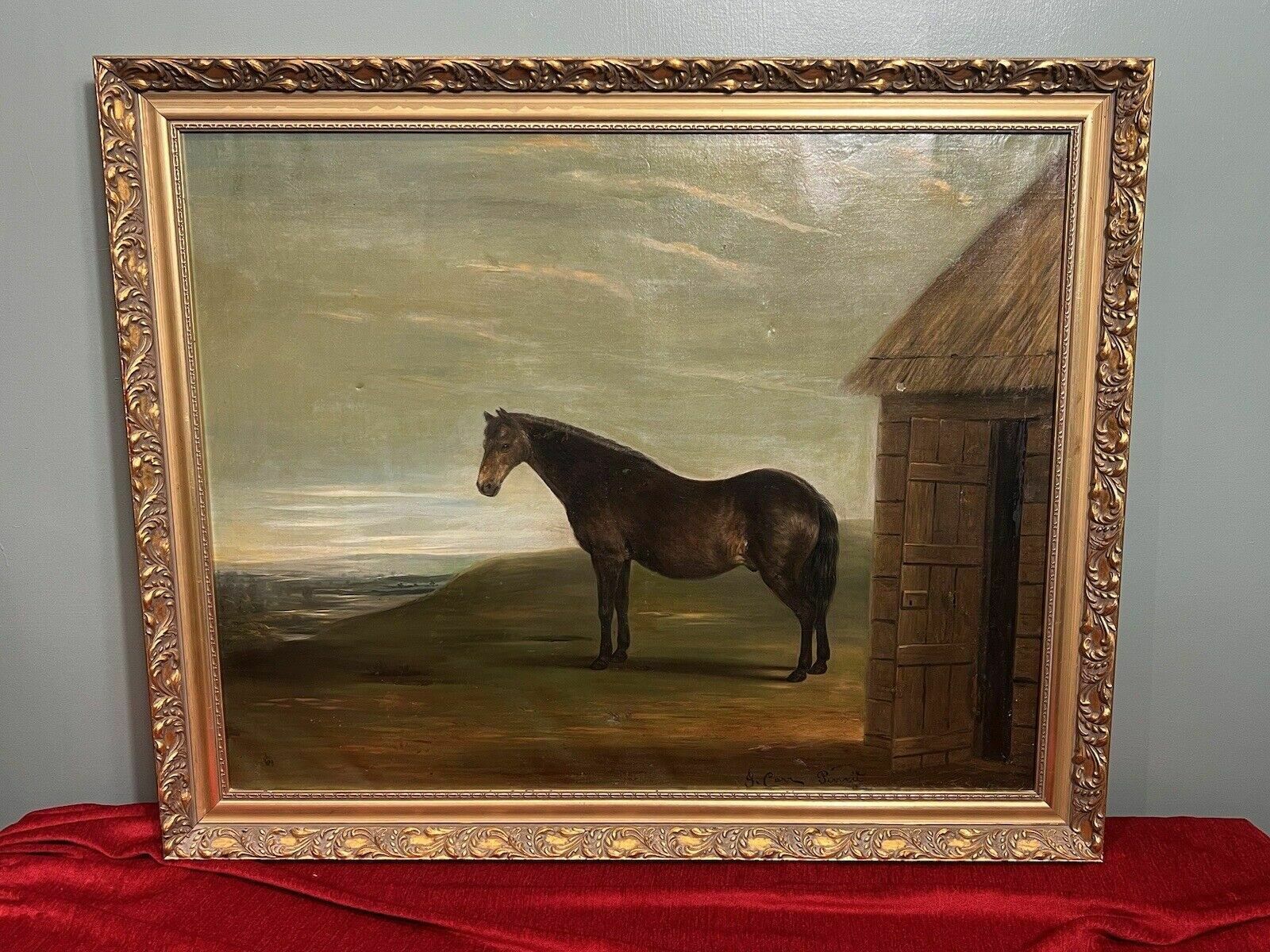 19th Century Oil Painting Of Chestnut Horse By Stable Signed J Carr Pinnit photo Art