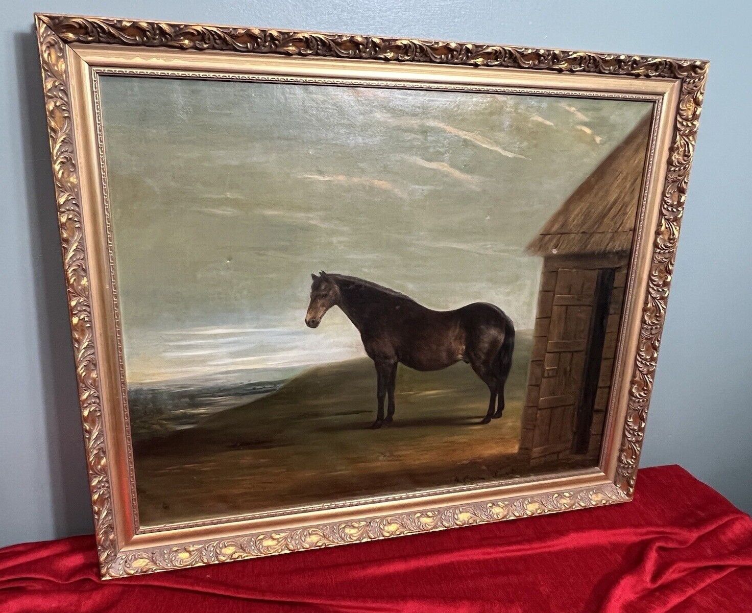 photo vinterior 19th Century Oil Painting Of Chestnut Horse By Stable Signed J Carr Pinnit