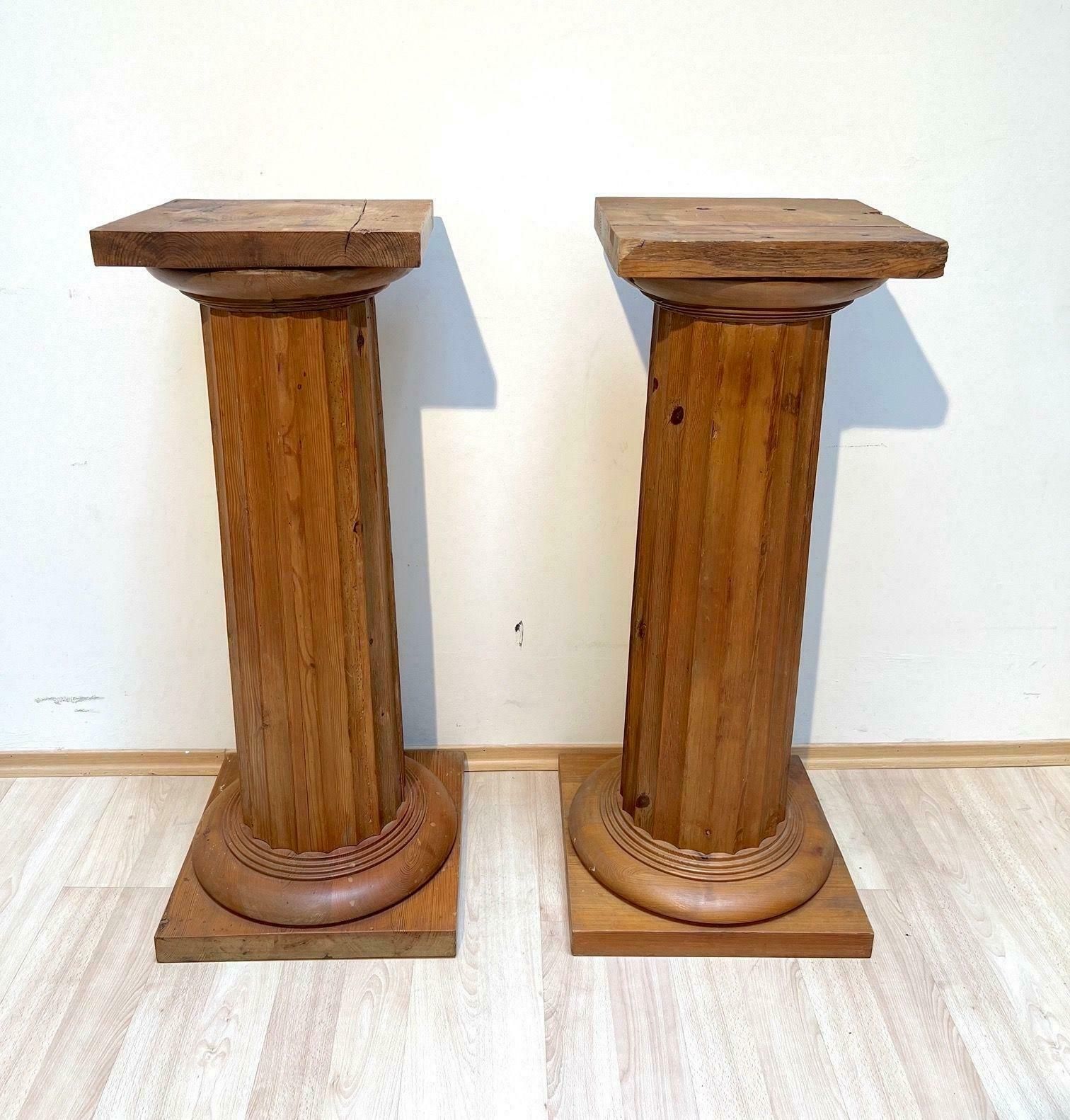 Pair Of Large Neoclassical Columns, Pine Wood, France Circa 1910 photo for sale