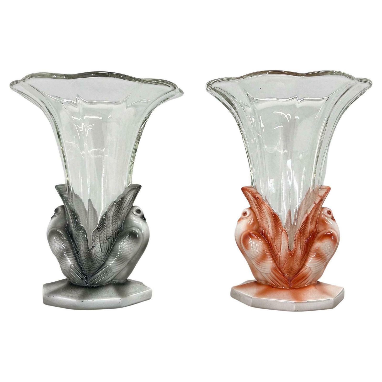 Set Of Two Art Deco Dove Birds Glass Vases By Josef Feigl, 1930s