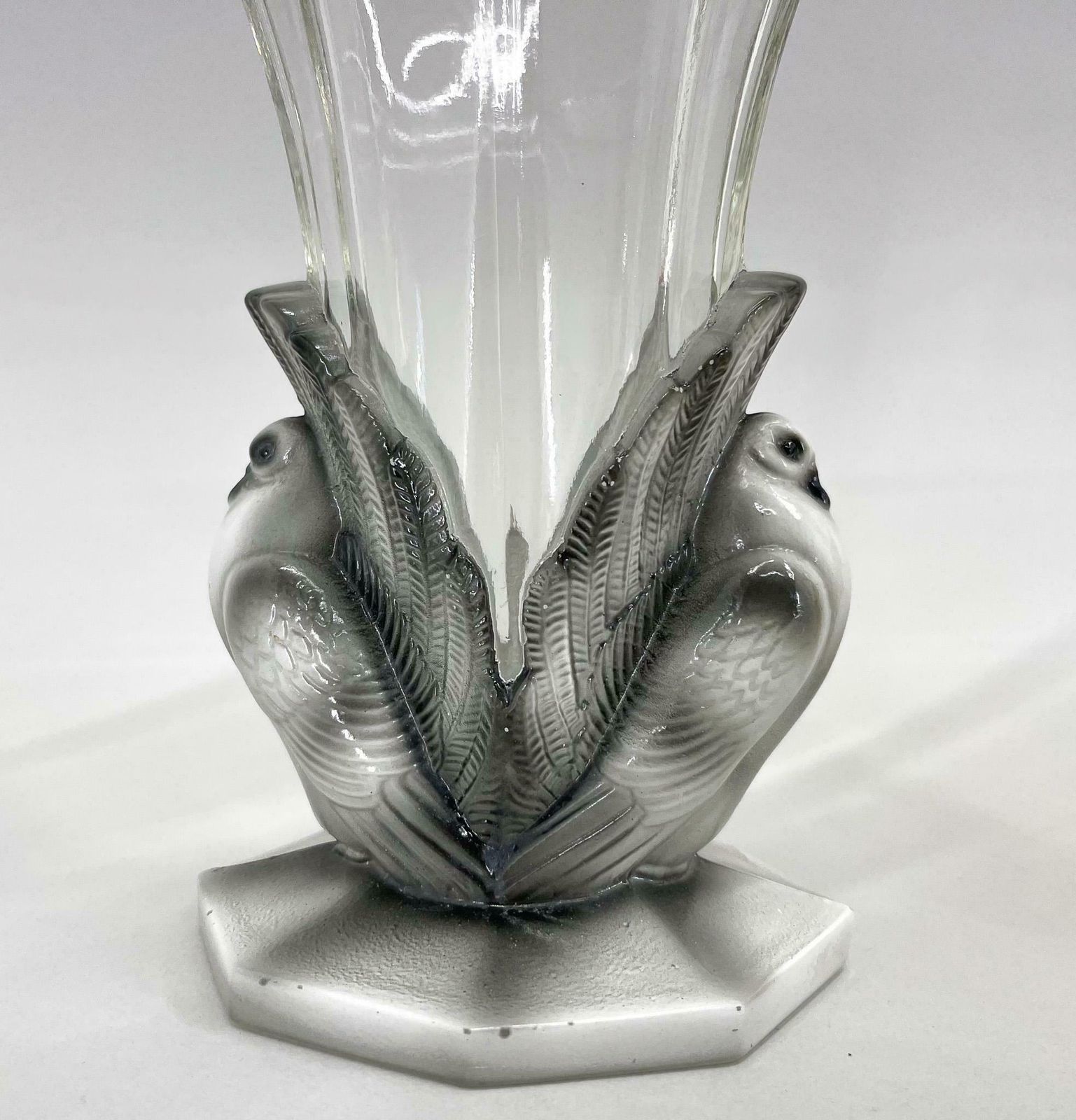 Home Decor Set Of Two Art Deco Dove Birds Glass Vases By Josef Feigl, 1930s photo