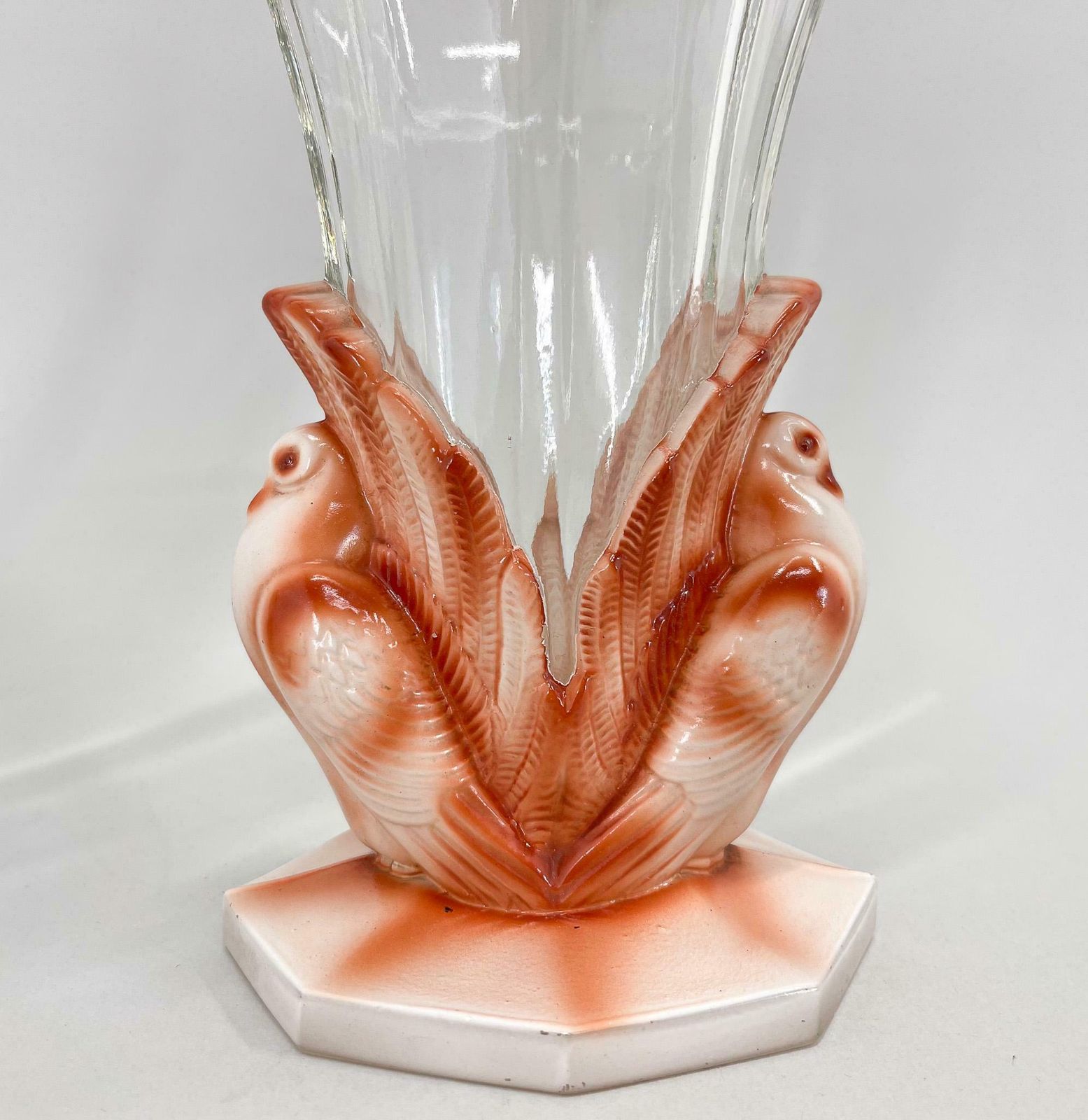 425.0 Set Of Two Art Deco Dove Birds Glass Vases By Josef Feigl, 1930s photo