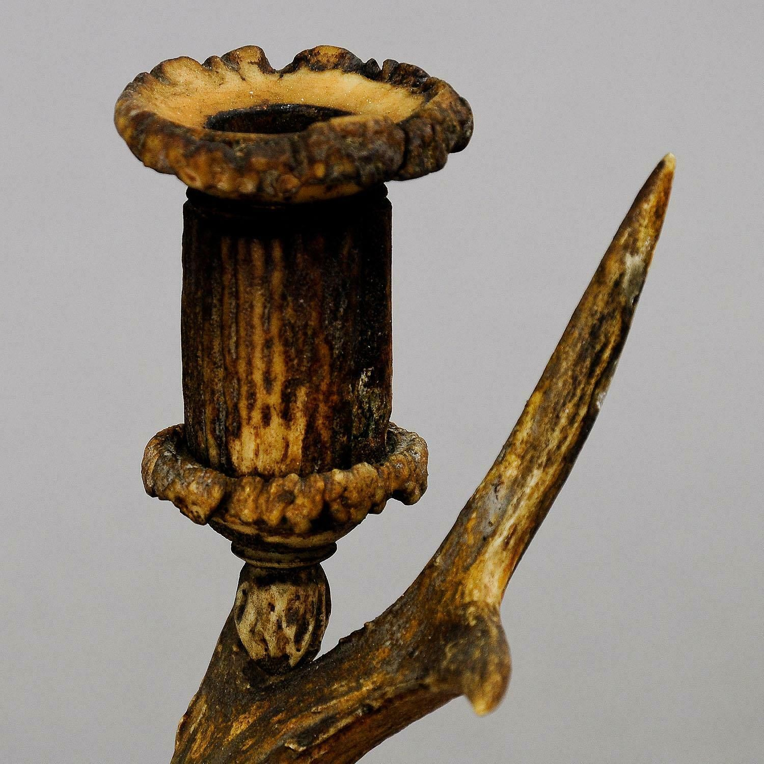 Antique Cabin Decor Two Armed Antler Candlestick 1900 photo for sale
