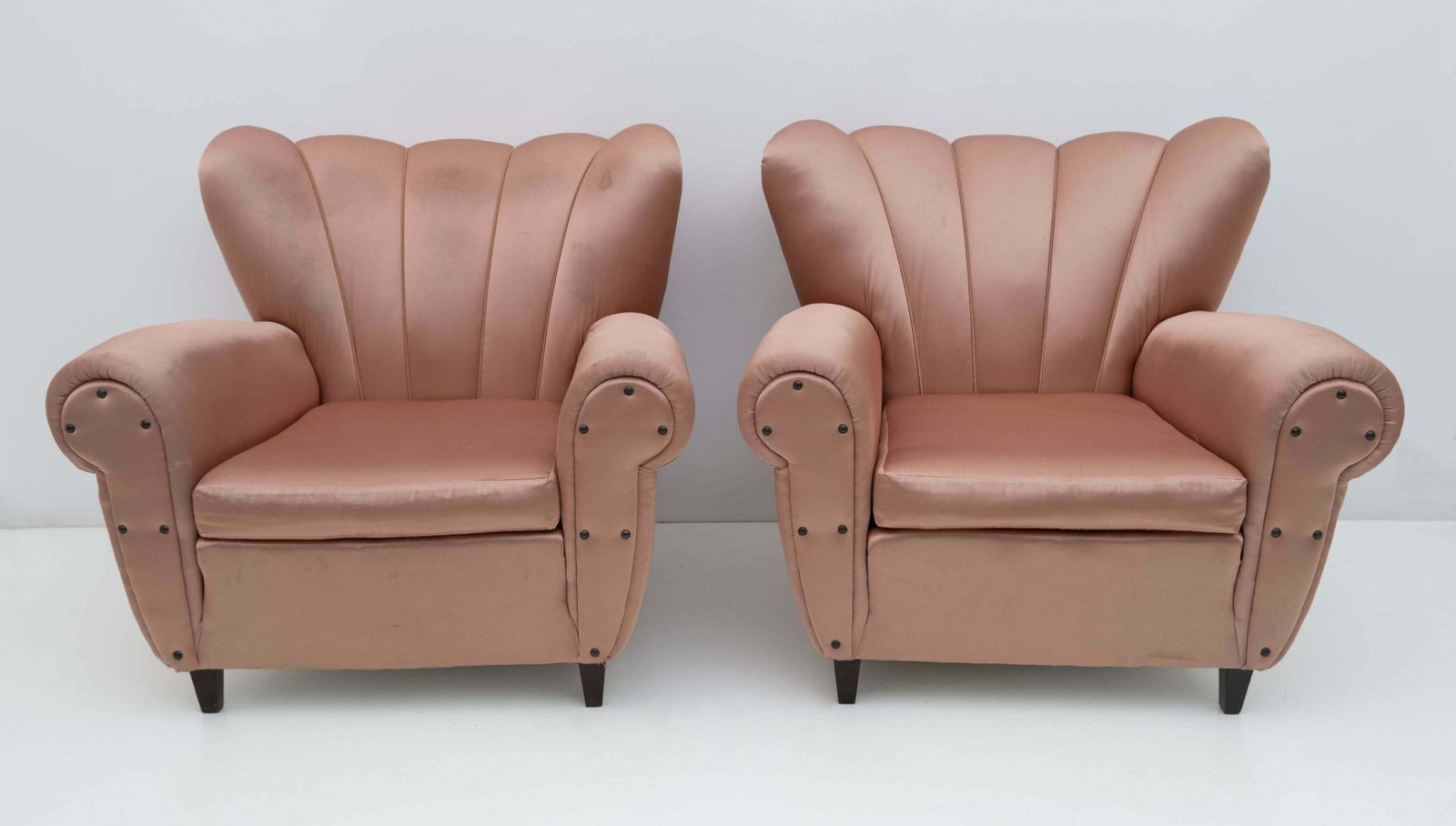 Pair Of Mid Century Modern Italian Satin Armchairs, 1950s photo for sale