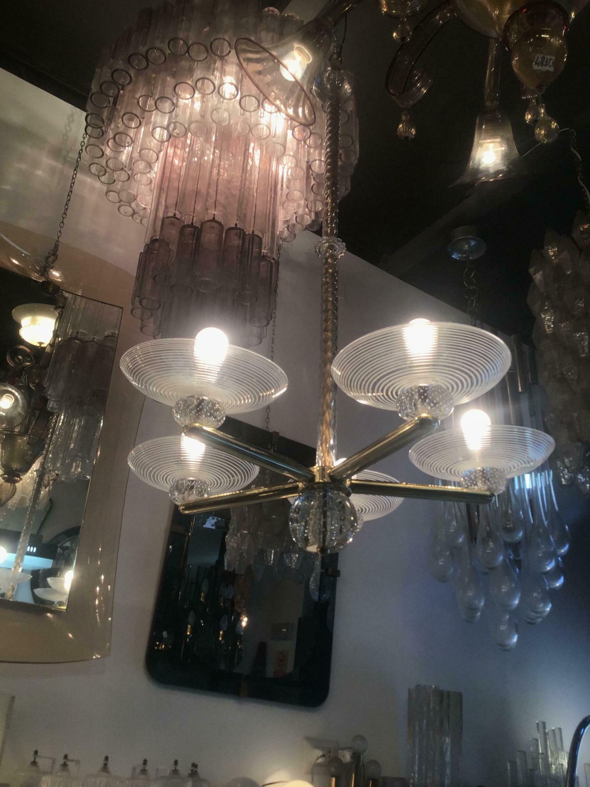 Seguso Chandelier Brass Murano Glass 1950 Italy photo for sale