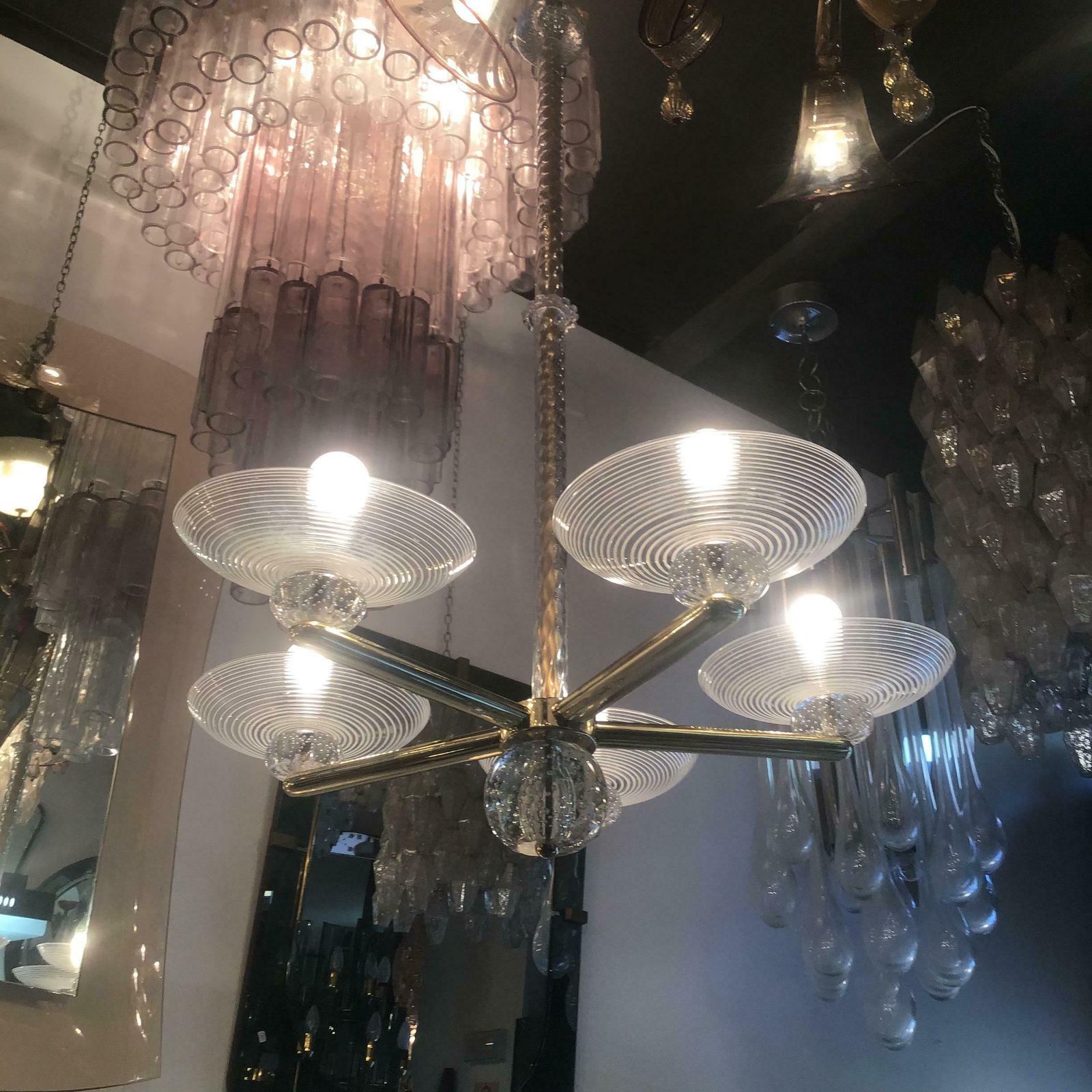 Seguso Chandelier Brass Murano Glass 1950 Italy photo vinterior