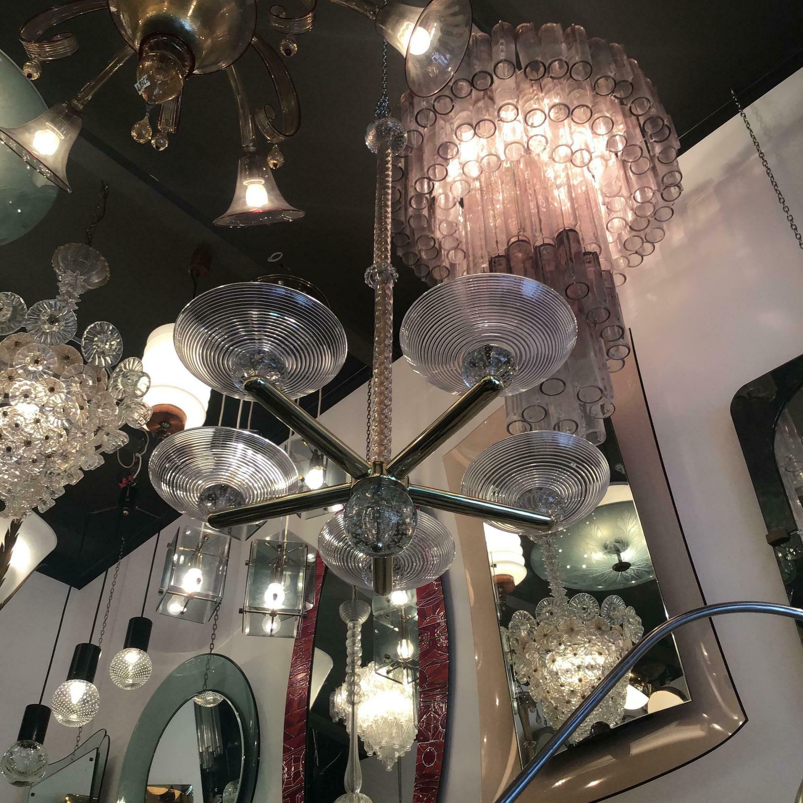 Seguso Chandelier Brass Murano Glass 1950 Italy photo for sale