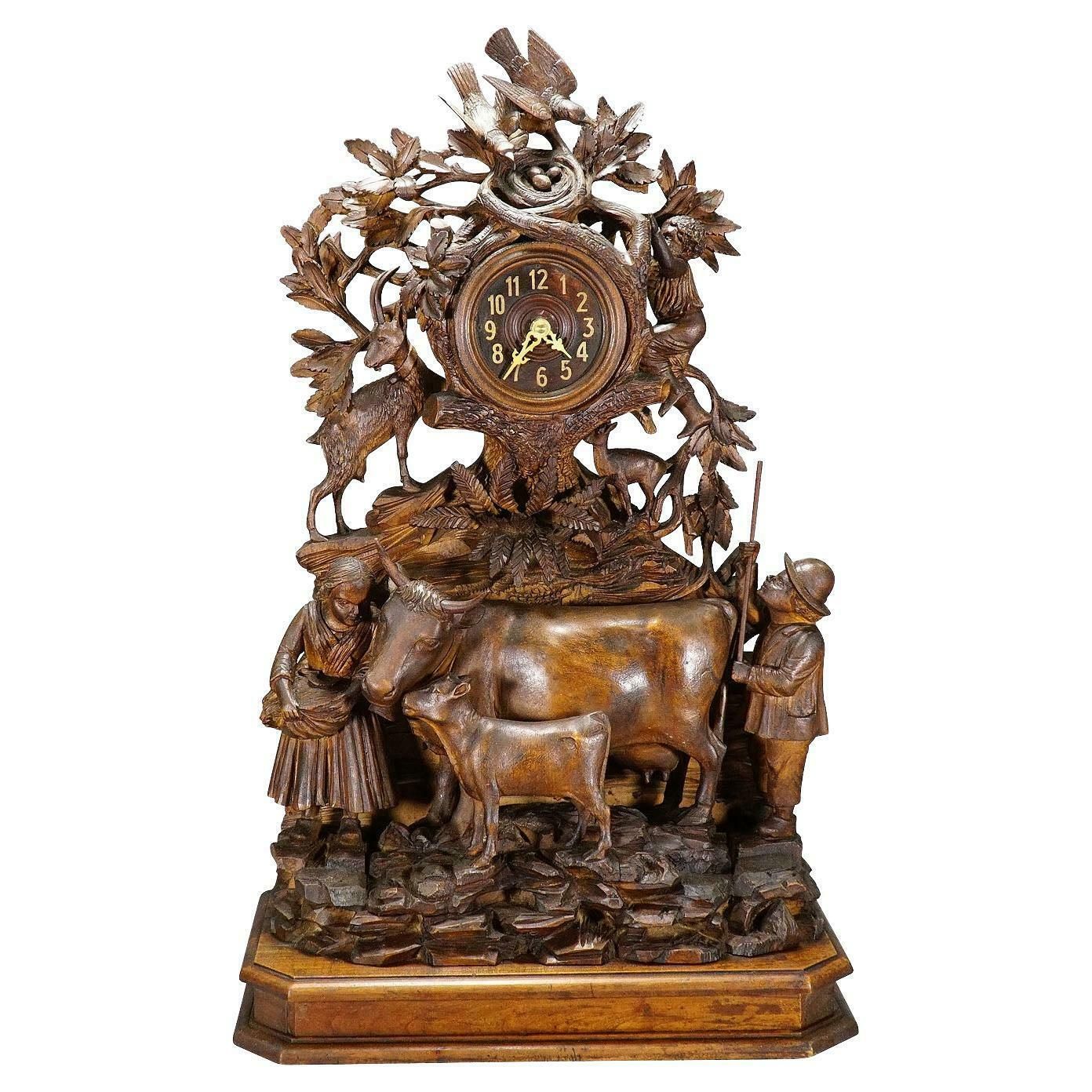 Antique Mantel Clock With Herdsman Family, Goats And Cattle