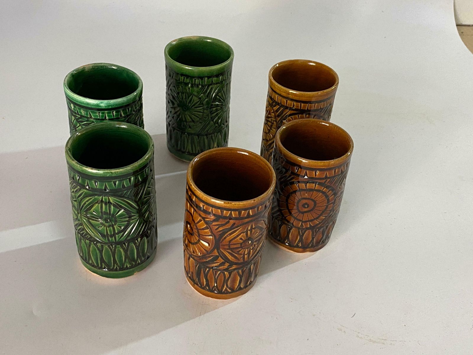 Set Of Six Glasses In Ceramic Brown And Green Color France 1970 photo furniture