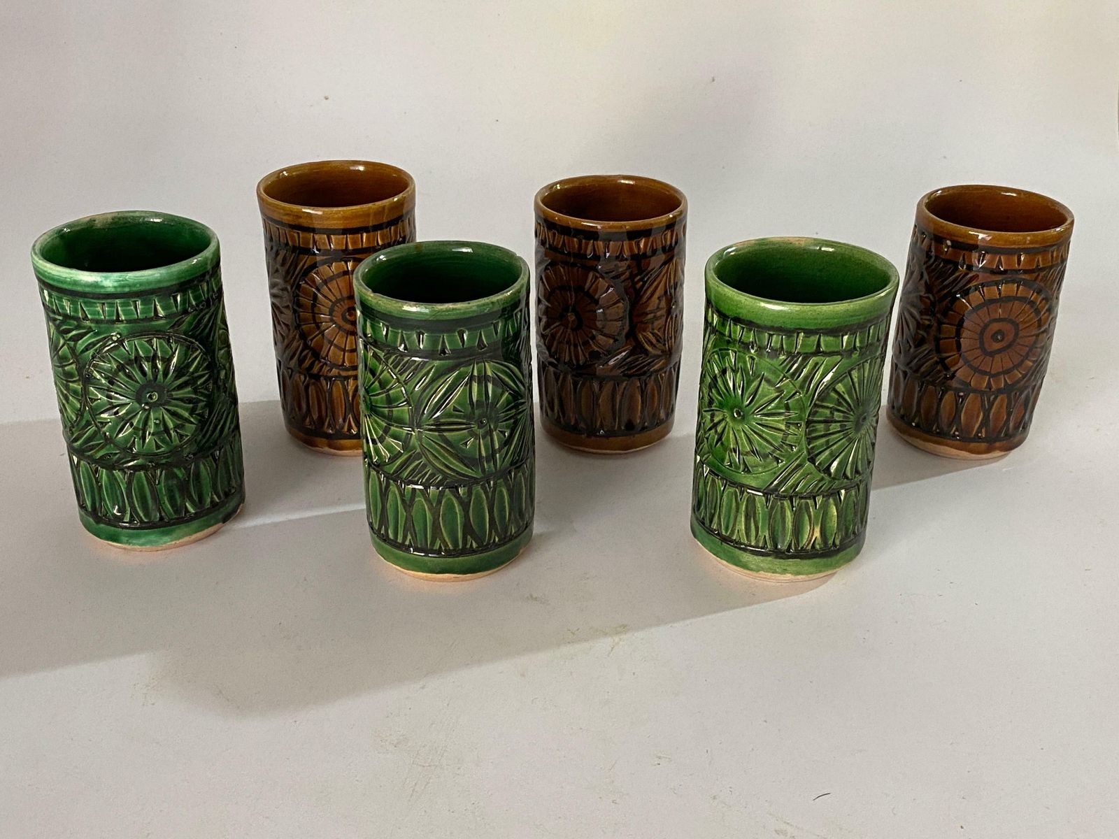 Set Of Six Glasses In Ceramic Brown And Green Color France 1970 photo vintage