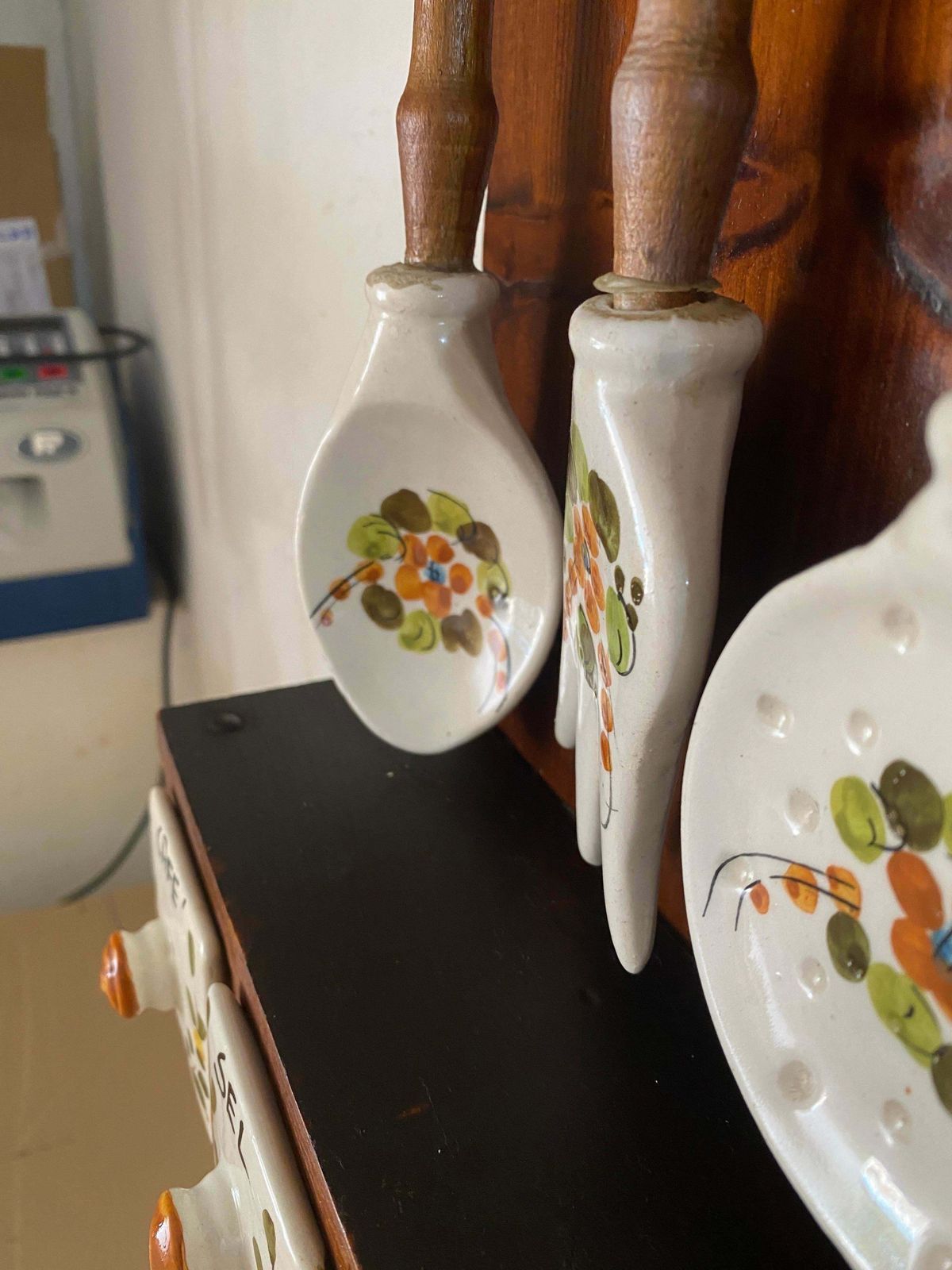 Salt Sugar And Coffee Boxes Kitchen Wall Set In Ceramic And Wood France 1960 photo for sale