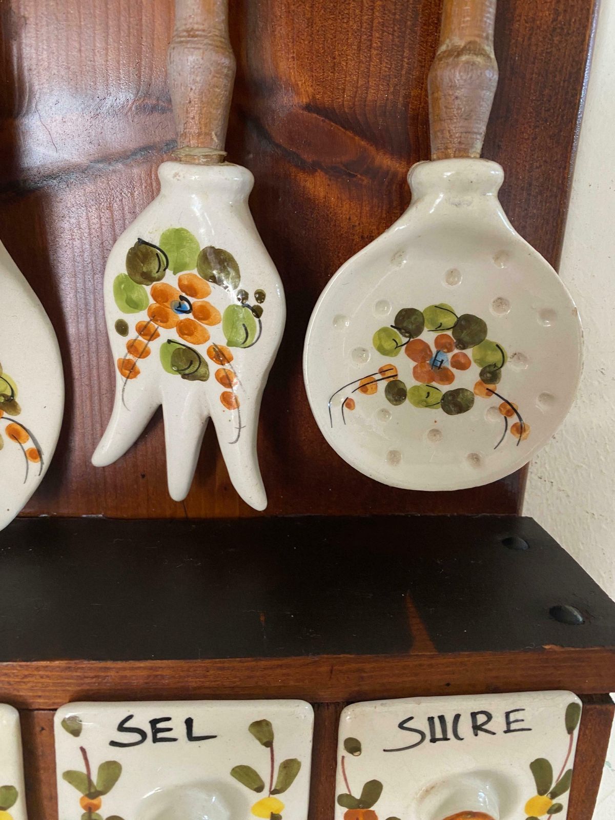 photo vintage Salt Sugar And Coffee Boxes Kitchen Wall Set In Ceramic And Wood France 1960