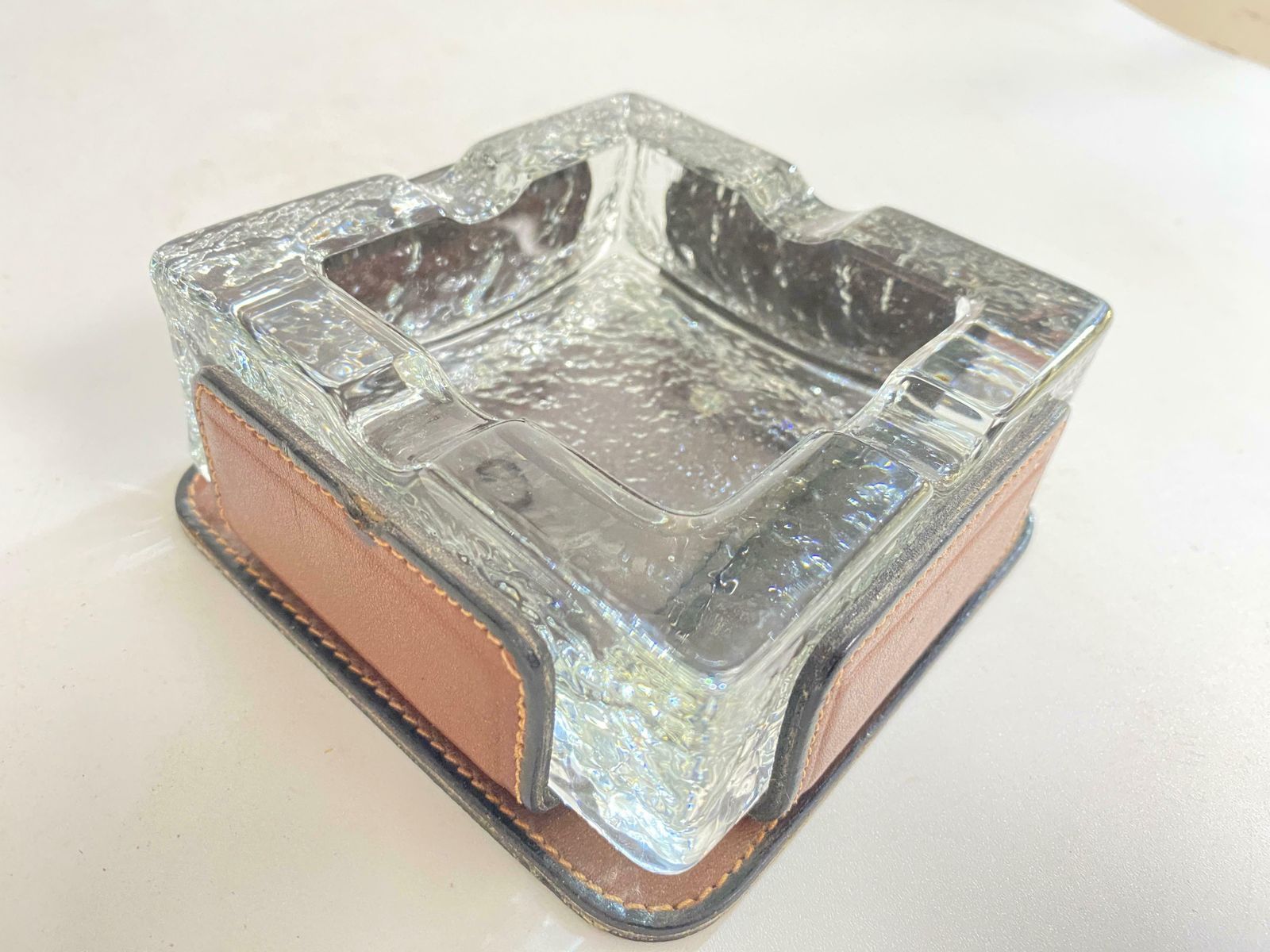 Ashtray In Glass With A Stitched Leather Cover, Brown Color, France 1970 photo vinterior