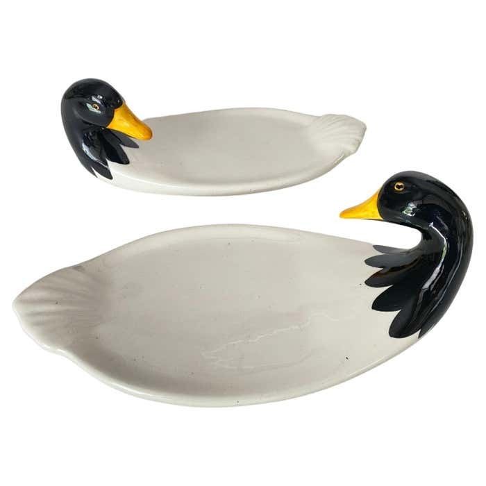 Butter Dish Ceramic Duck Shaped White Color France Circa 1970 Set Of 2