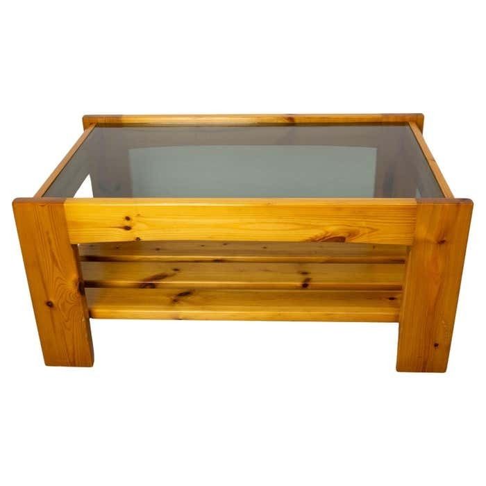 French Vintage Coffee Table, Pine And Smoked Glass, Circa 1980