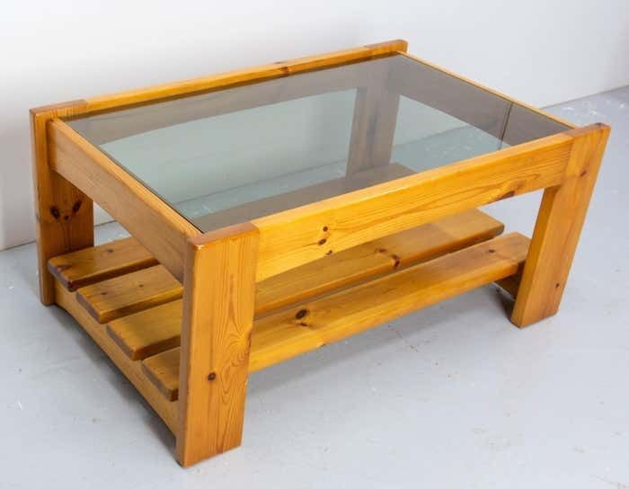 French Vintage Coffee Table, Pine And Smoked Glass, Circa 1980 photo for sale