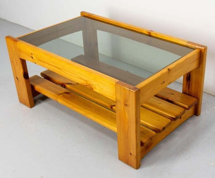 French Vintage Coffee Table, Pine And Smoked Glass, Circa 1980 photo Furniture