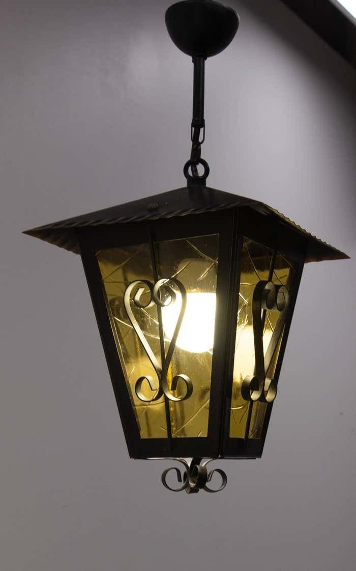 Iron And Glass Lustre Ceiling Lamp French Lantern, Circa 1960 photo 431.0