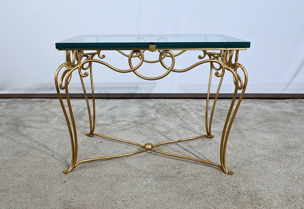 Small Table In Golden Wrought Iron And Glass, Drouet Spirit, 1970 photo vintage