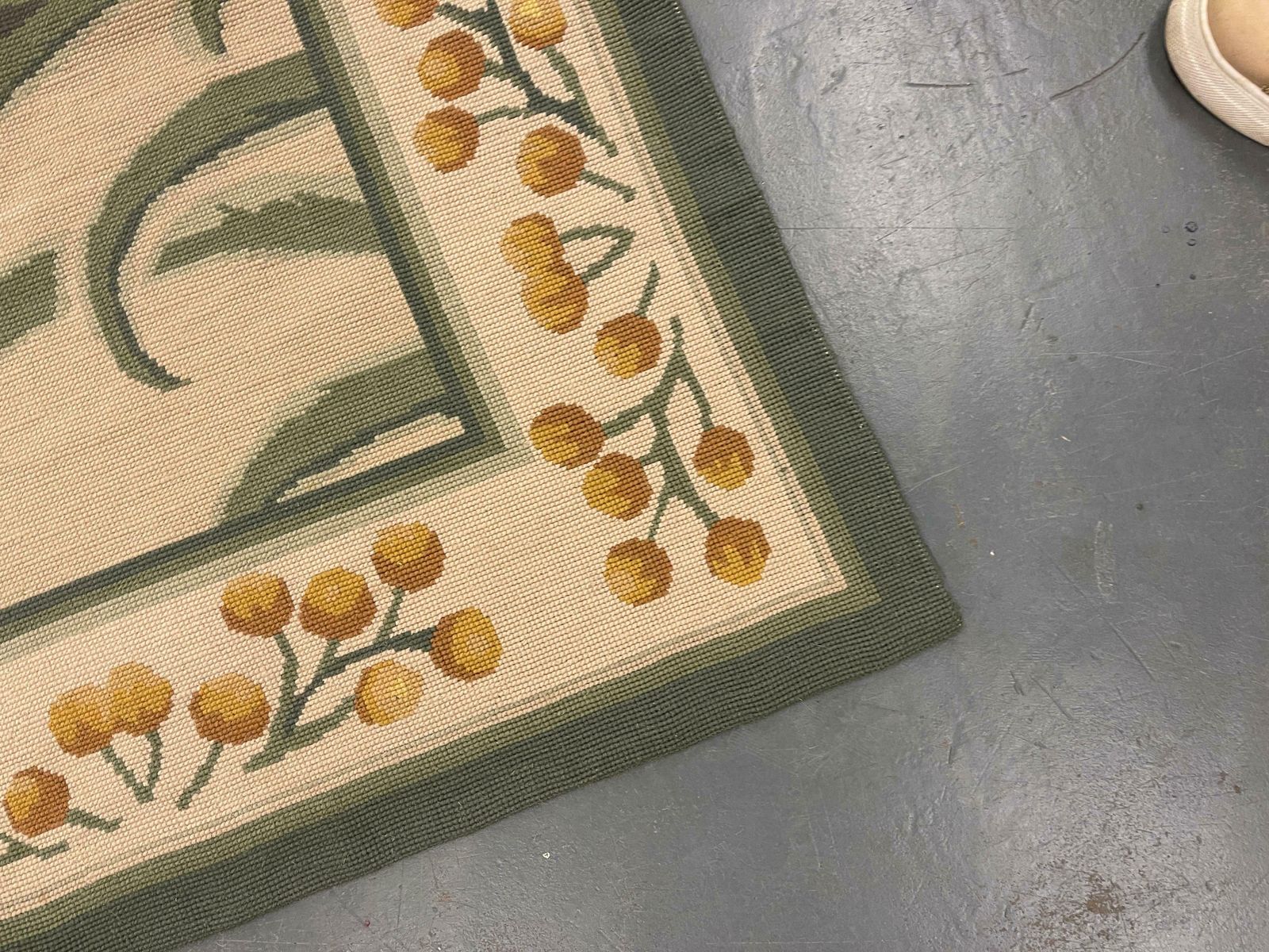 Botanical Aubusson Rug Green Beige Handwoven Wool Needlepoint Traditional Carpet photo for sale