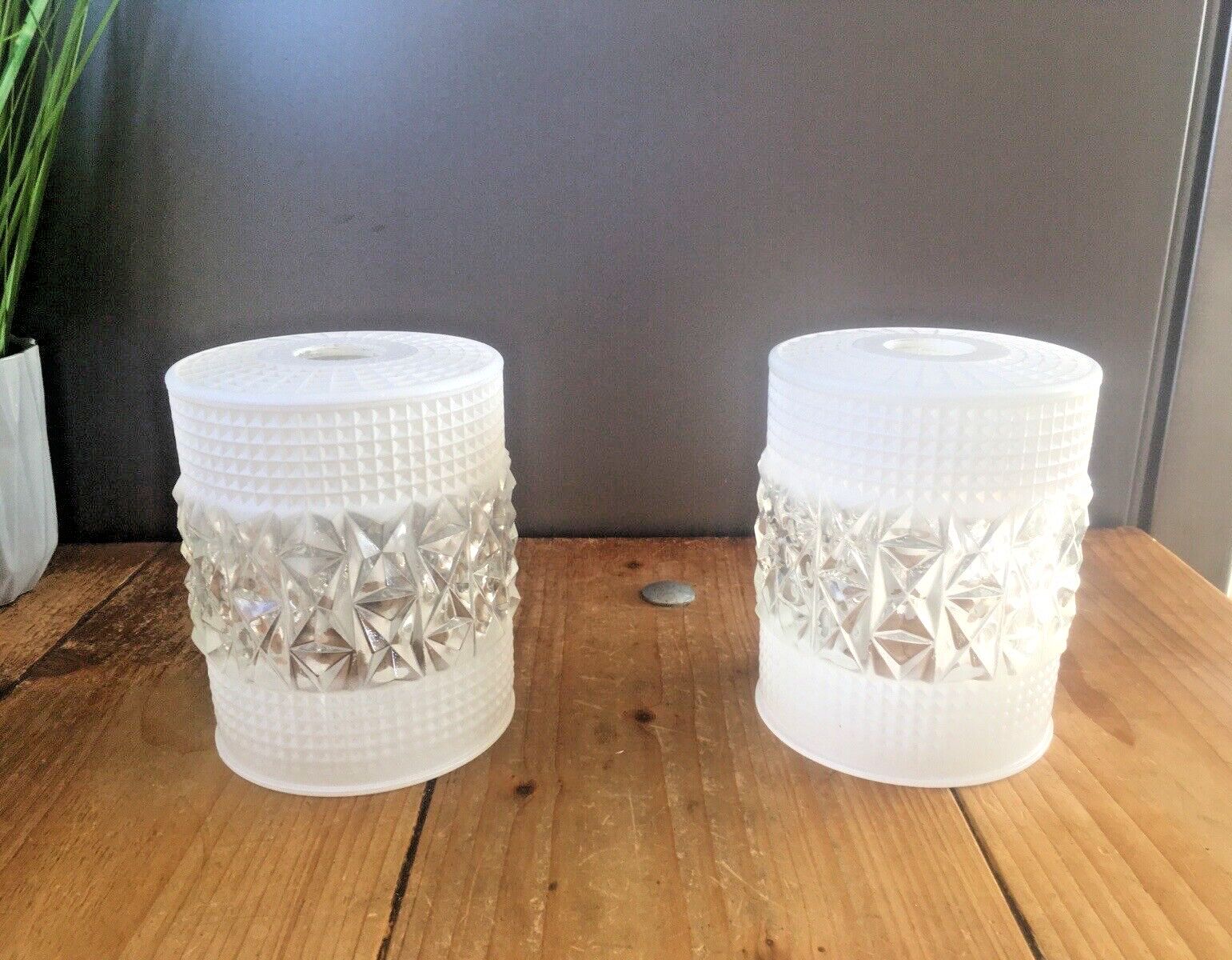Lighting 1 Retro 60's White & Clear Rippled Textured Op Art Glass Lamp Shade Vintage 70's photo