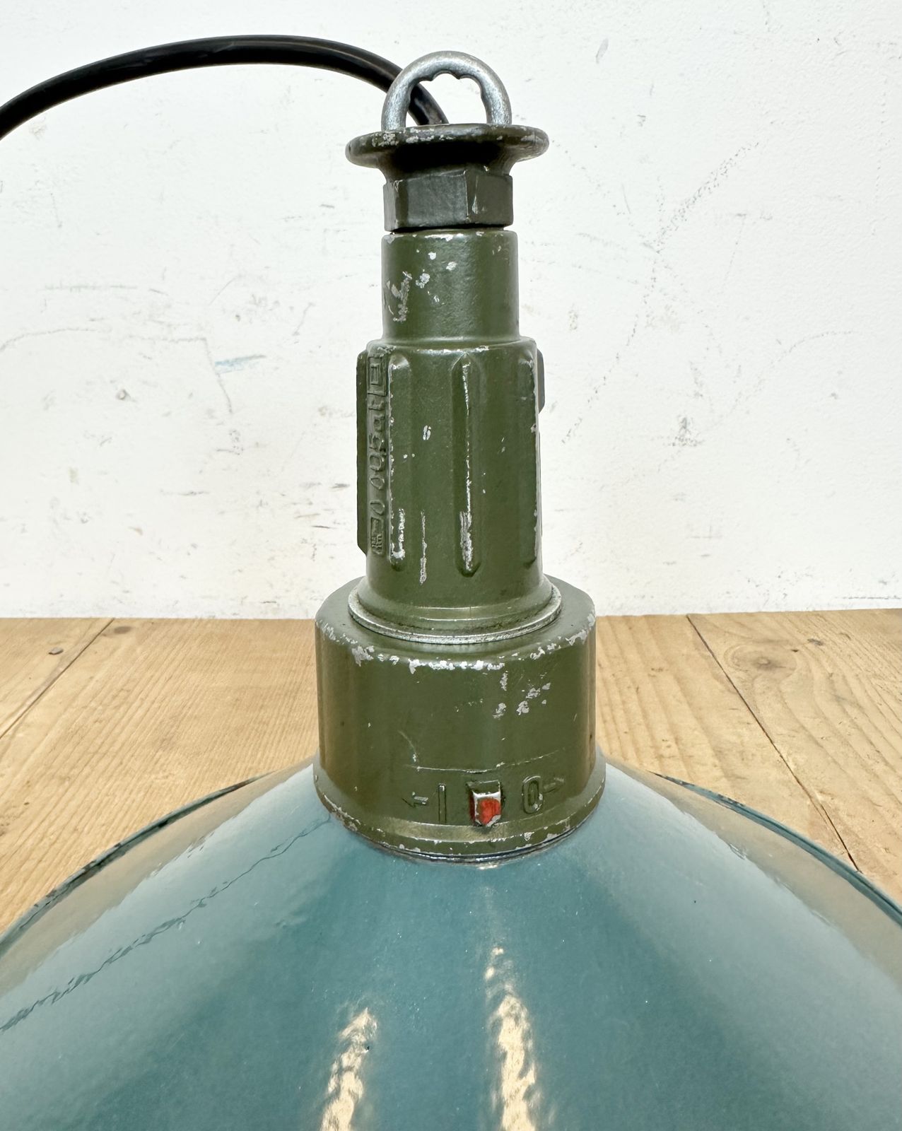photo for sale Industrial Petrol Enamel Military Pendant Lamp With Cast Aluminium Top, 1960s, 4x