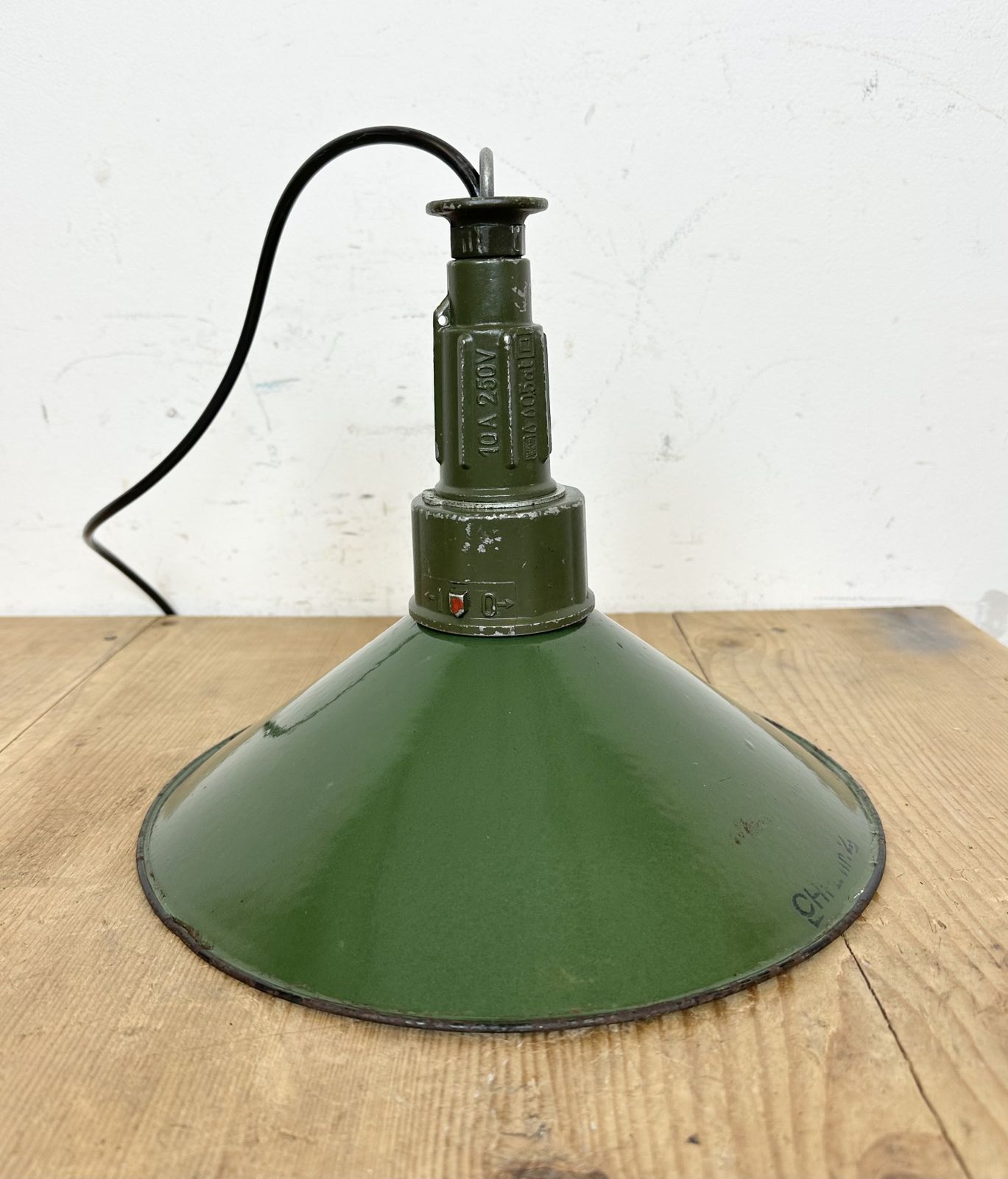 Industrial Green Enamel Military Pendant Lamp With Cast Aluminium Top, 1960s, 2x photo furniture