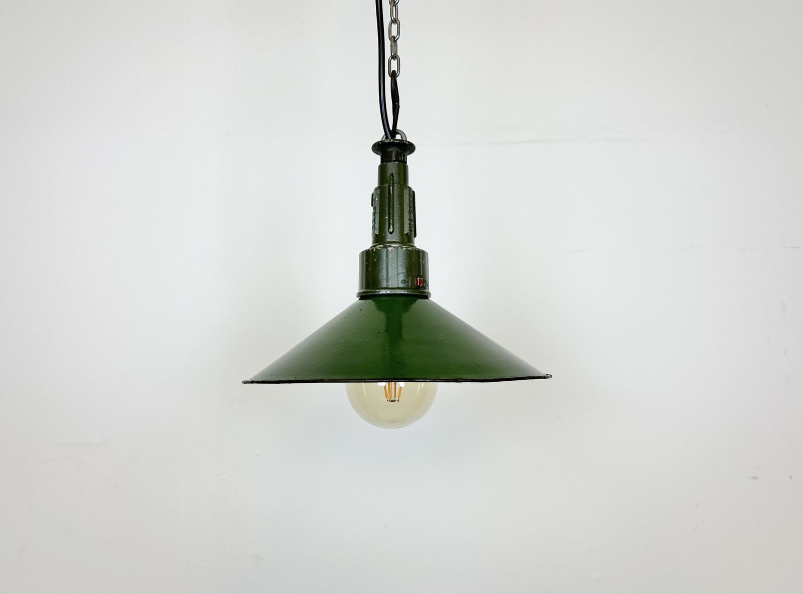 Industrial Green Enamel Military Pendant Lamp With Cast Aluminium Top, 1960s, 2x photo for sale
