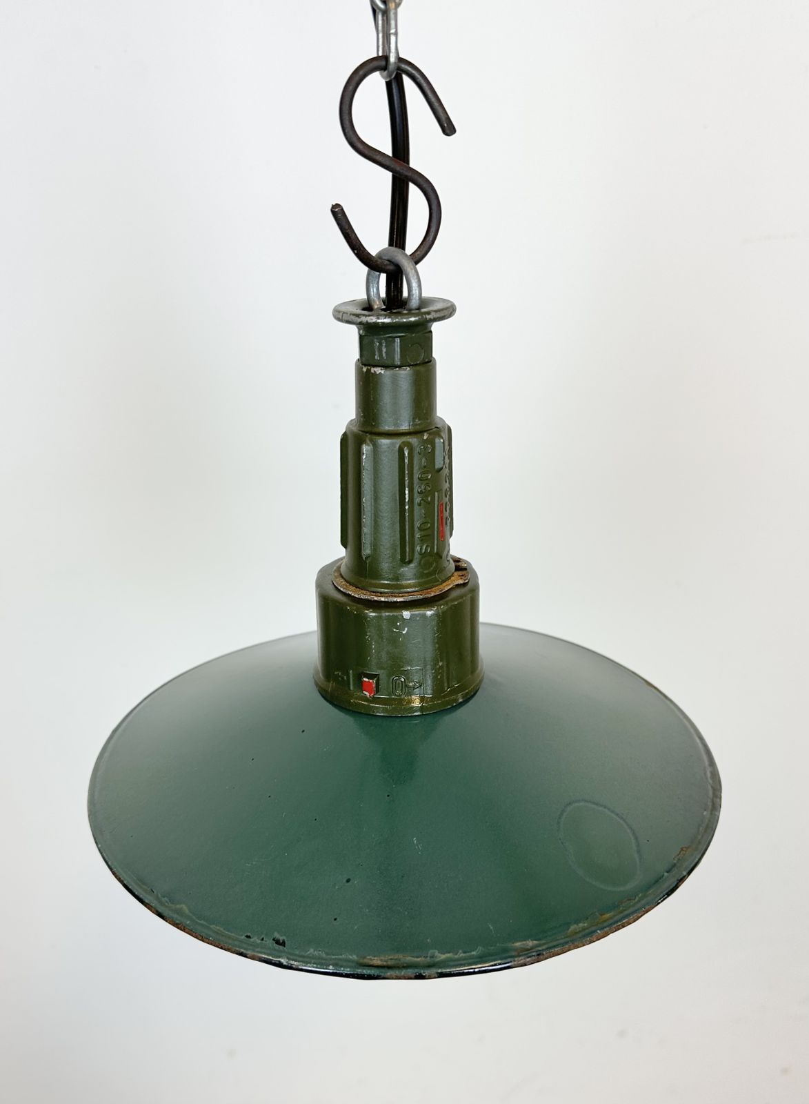 Industrial Petrol Enamel Military Pendant Lamp With Cast Aluminium Top, 1960s, 2x photo furniture
