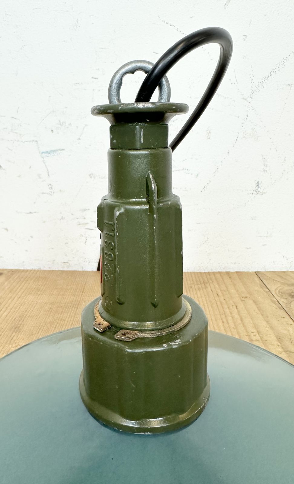 Industrial Petrol Enamel Military Pendant Lamp With Cast Aluminium Top, 1960s, 2x photo for sale