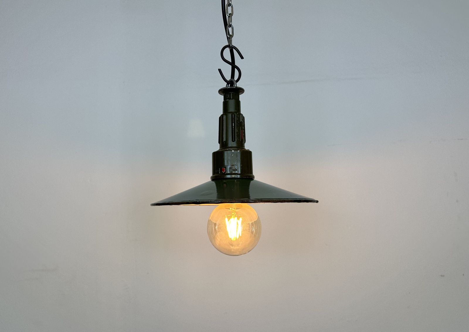 photo for sale Industrial Petrol Enamel Military Pendant Lamp With Cast Aluminium Top, 1960s, 2x