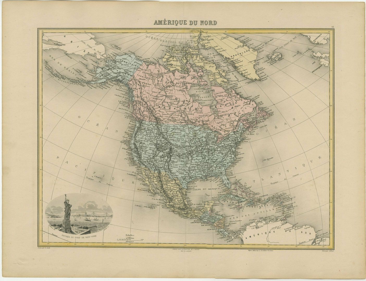 Antique Map Of North America With Vignette Of The Statue Of Liberty, New York